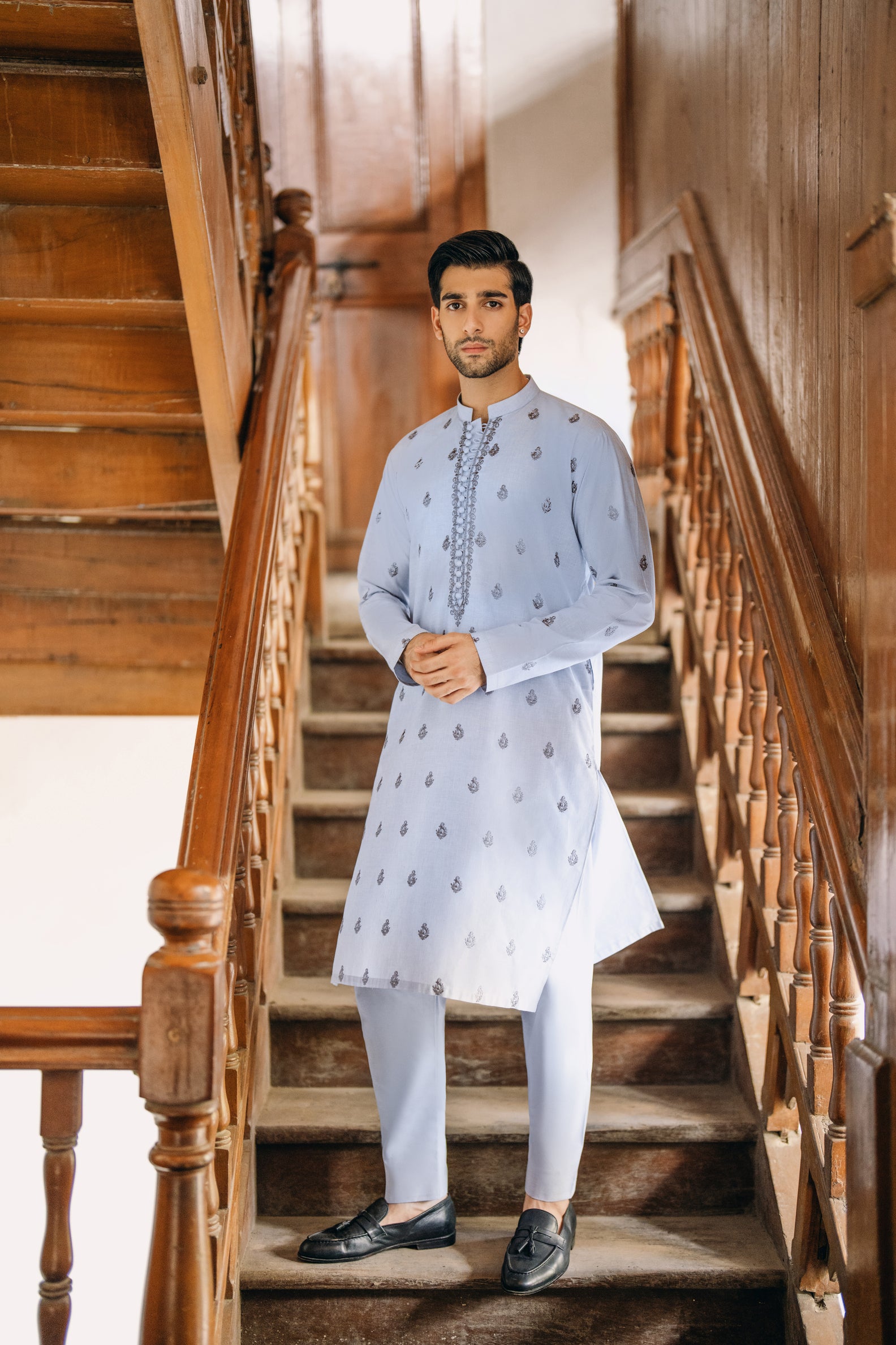Sky Blue Damask Pattern Kurta Pajama โ Shadani&Co