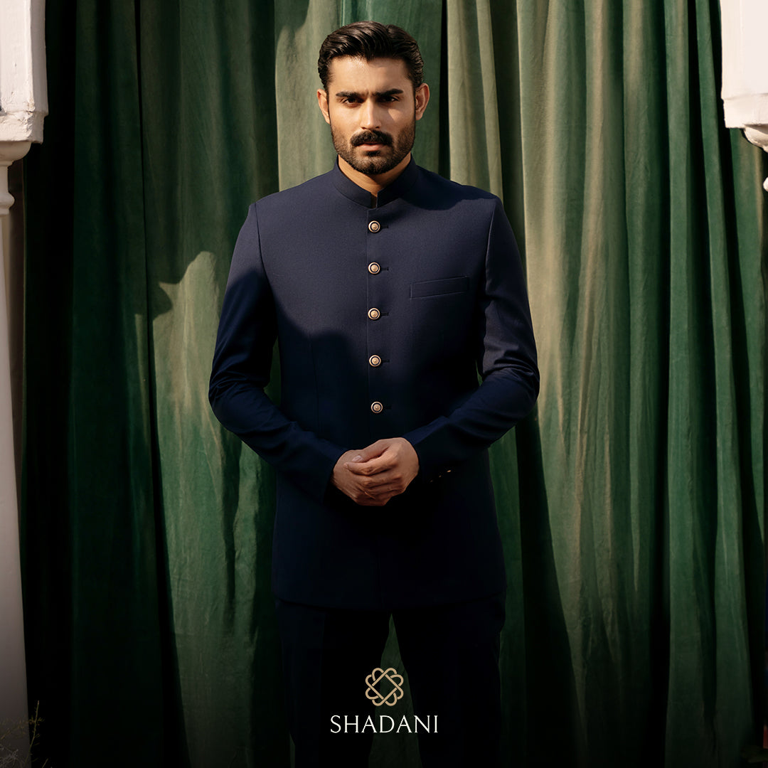 Luxurious embroidered Nehru jacket for weddings, crafted by Shadani, blending tradition with modern design.