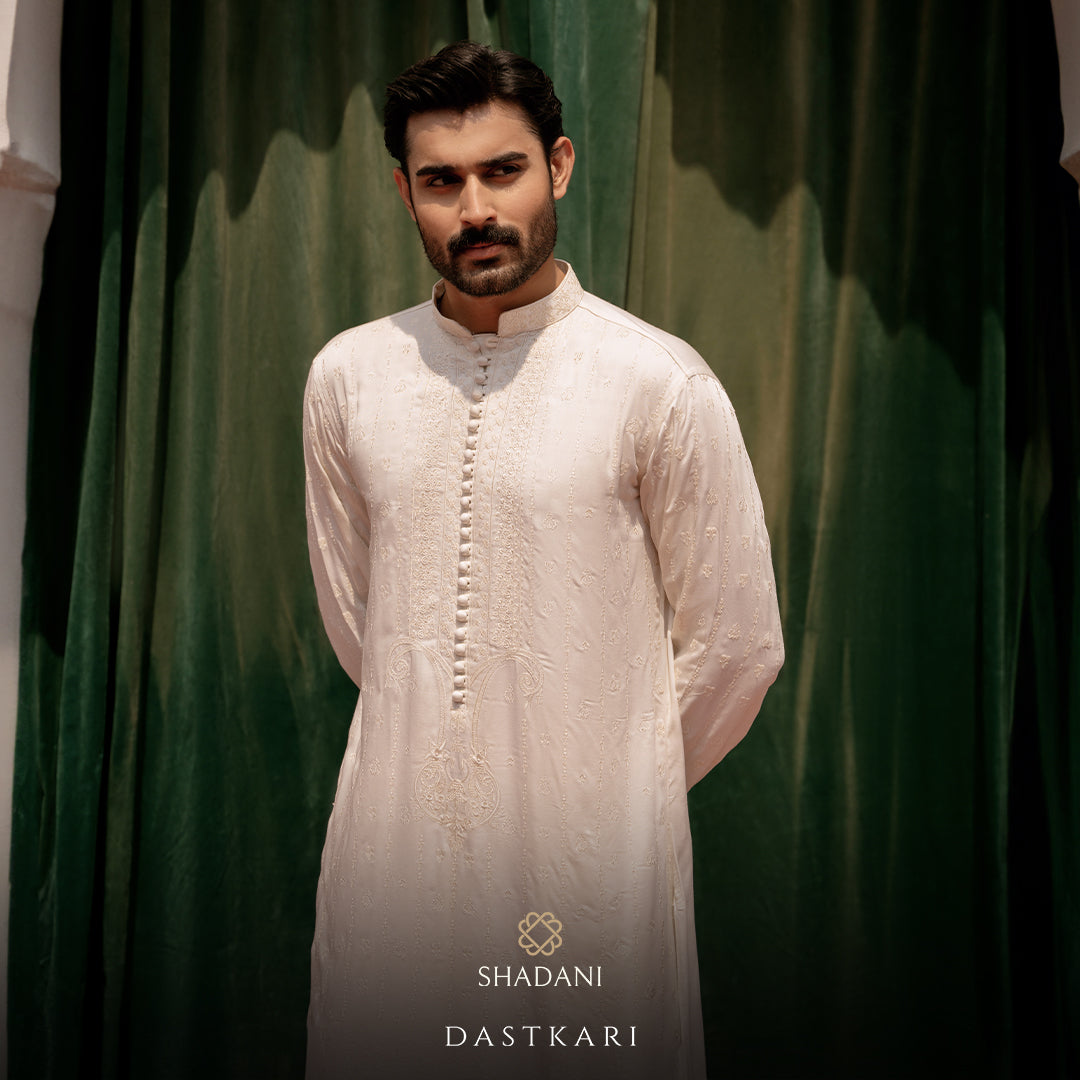 Stylish man in USA wearing a traditional Kurta Pajama from Shadani Menswear