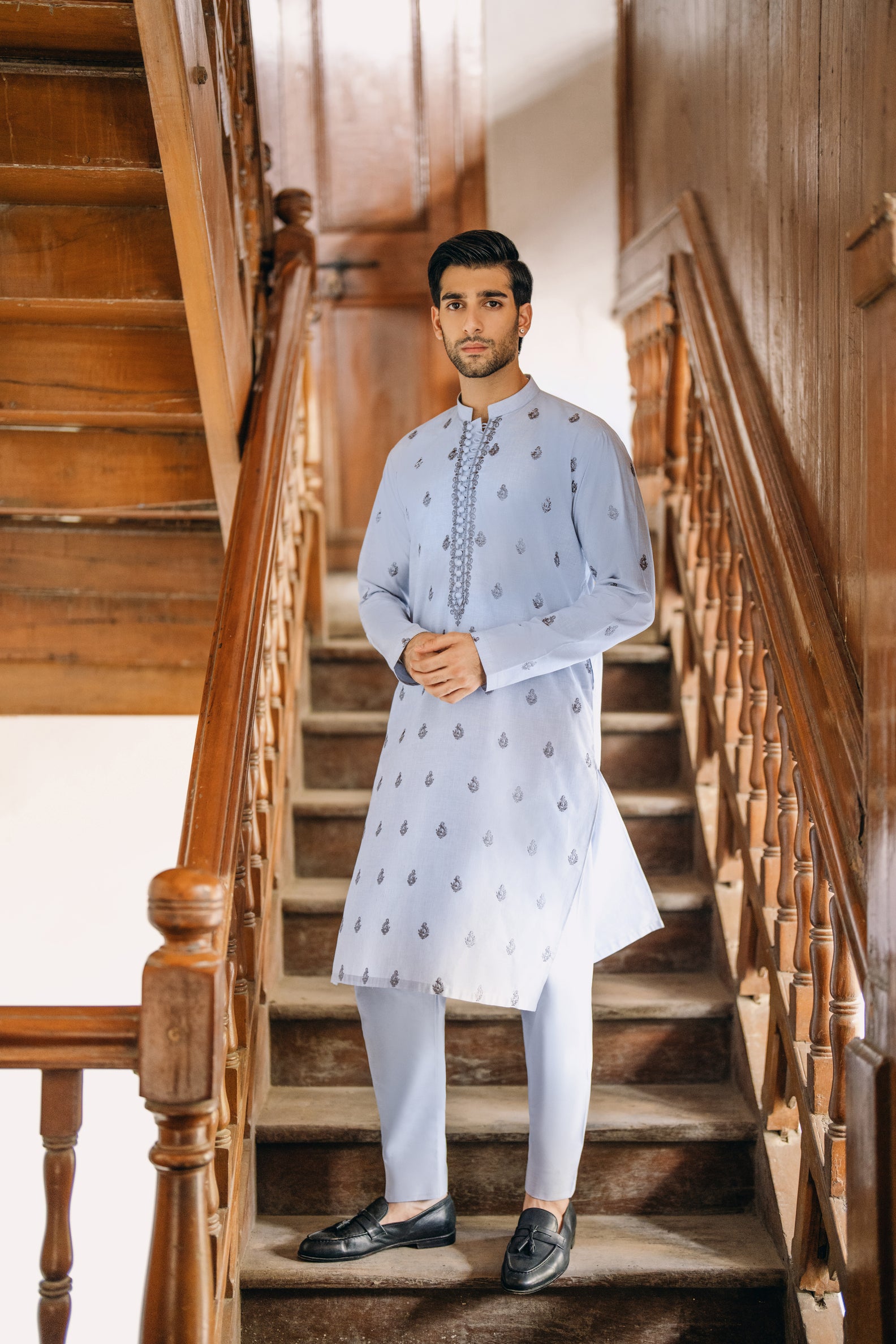 Sky Blue Damask Pattern Kurta Pajama