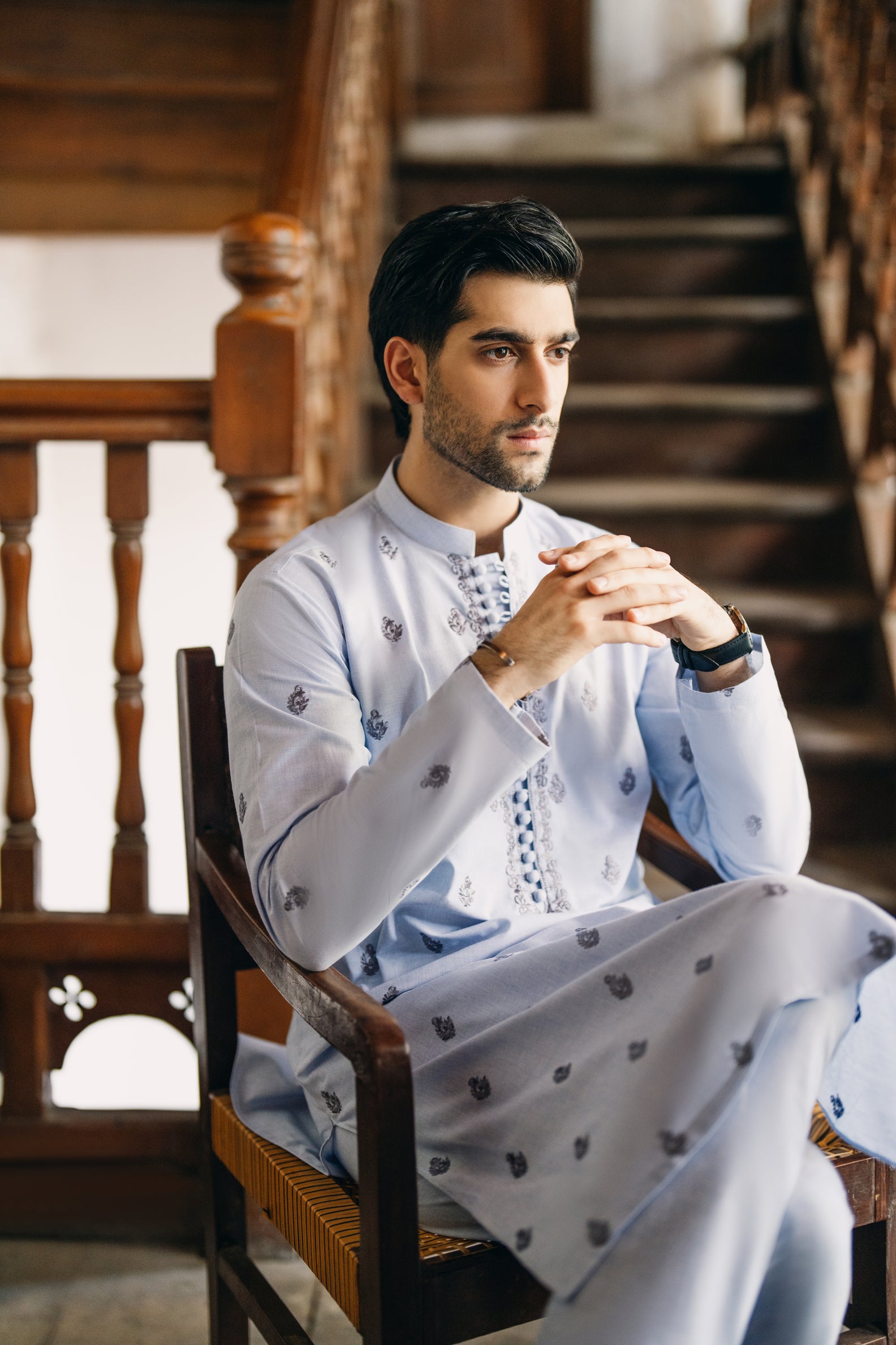 Sky Blue Damask Pattern Kurta Pajama