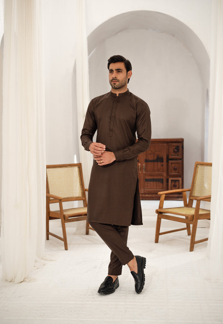3 Piece Spanish Brown Suit (Kurta Pajama &amp; Waistcoat)