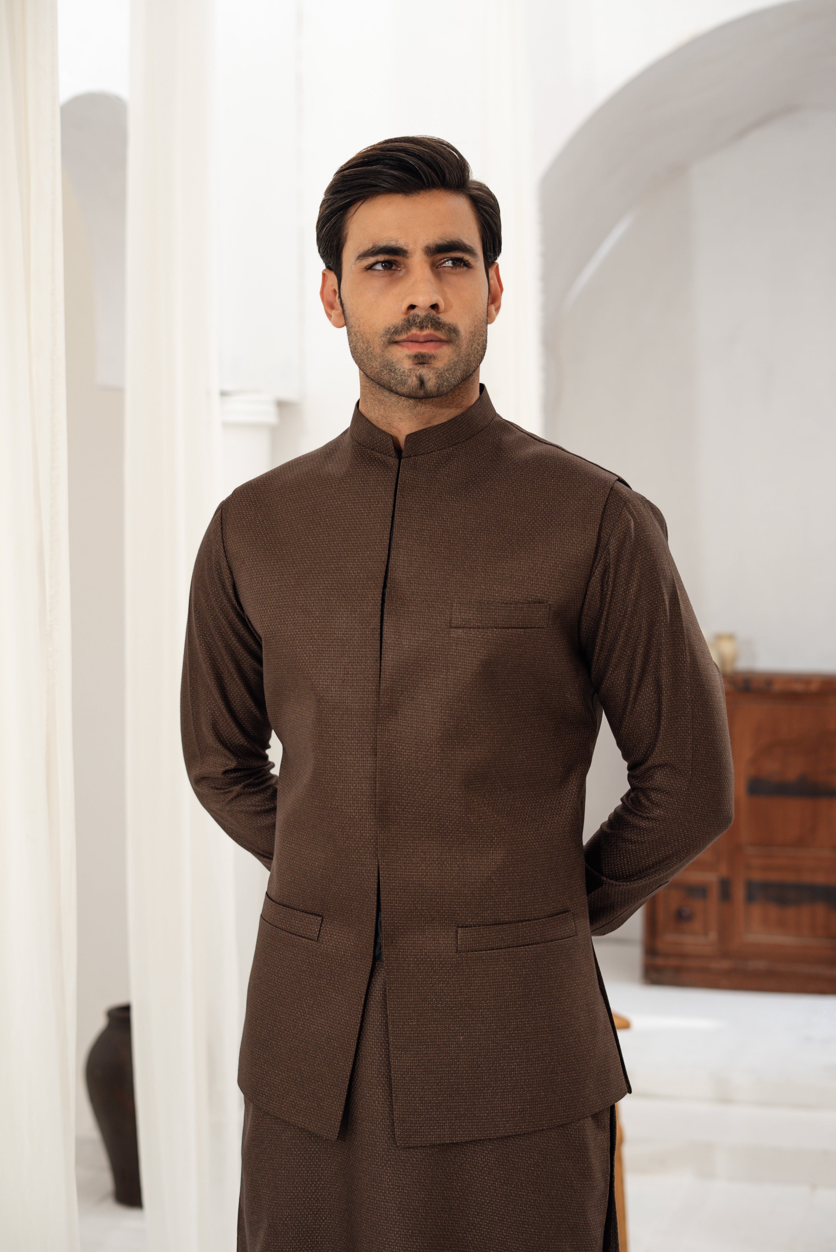 3 Piece Spanish Brown Suit (Kurta Pajama & Waistcoat)