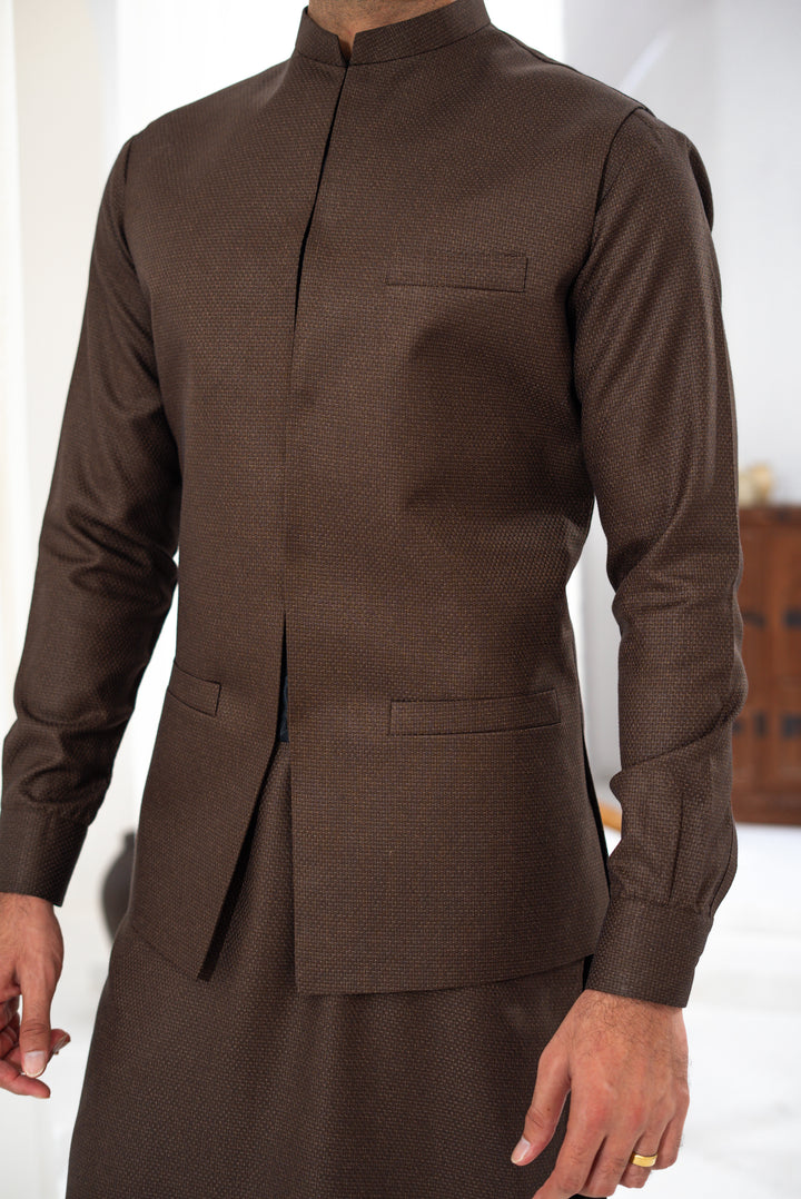 3 Piece Spanish Brown Suit (Kurta Pajama &amp; Waistcoat)