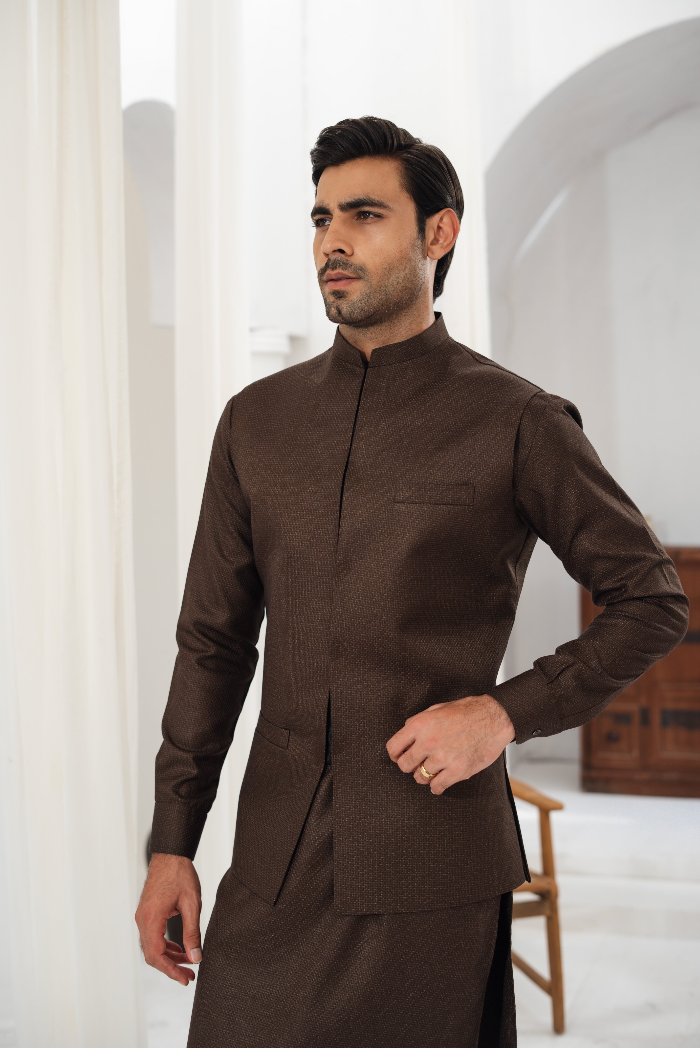 3 Piece Spanish Brown Suit (Kurta Pajama & Waistcoat)