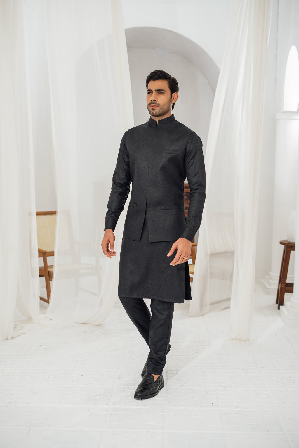 3 Piece Black Suit (Kurta Pajama & Waistcoat)