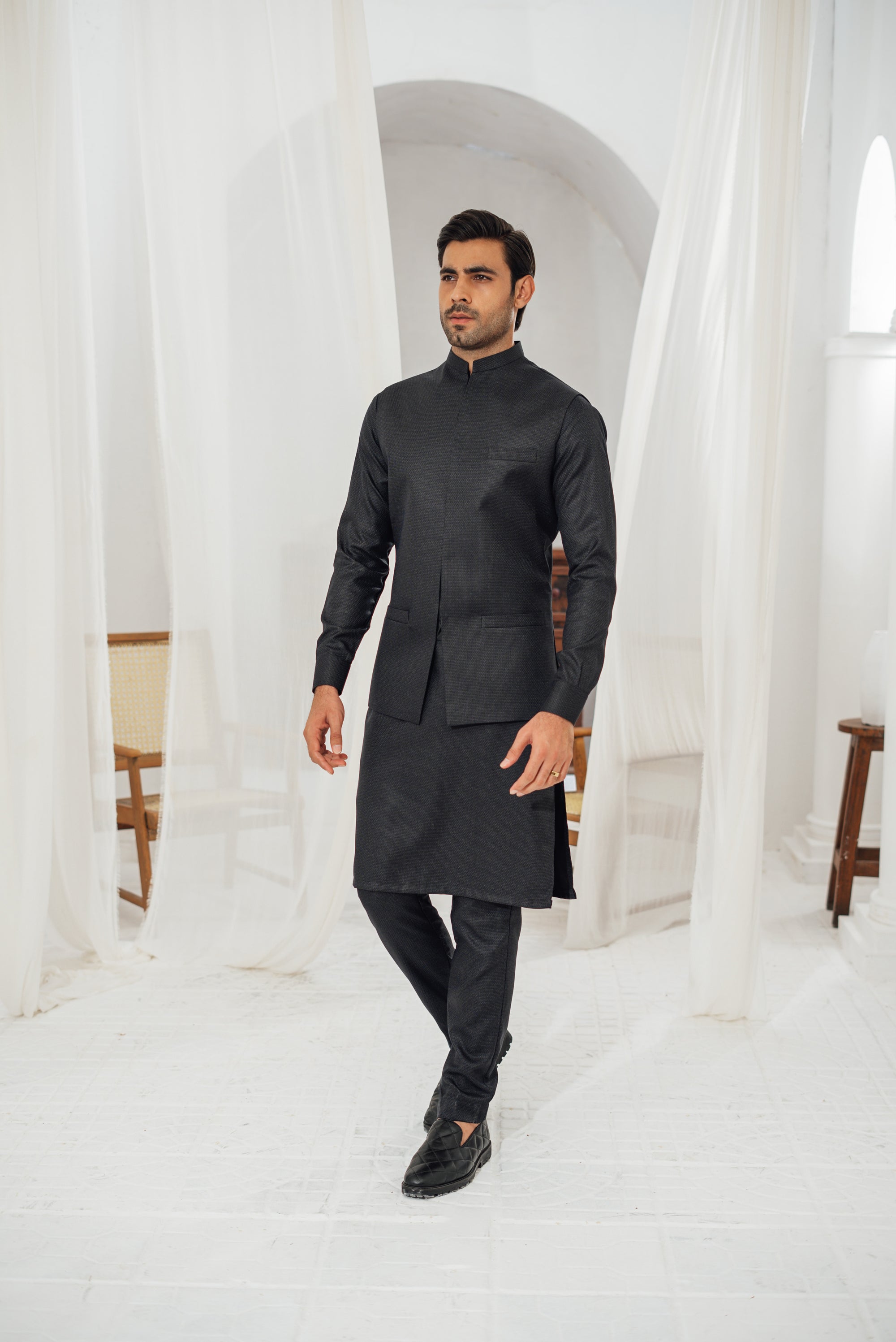 3 Piece Black Suit (Kurta Pajama & Waistcoat)