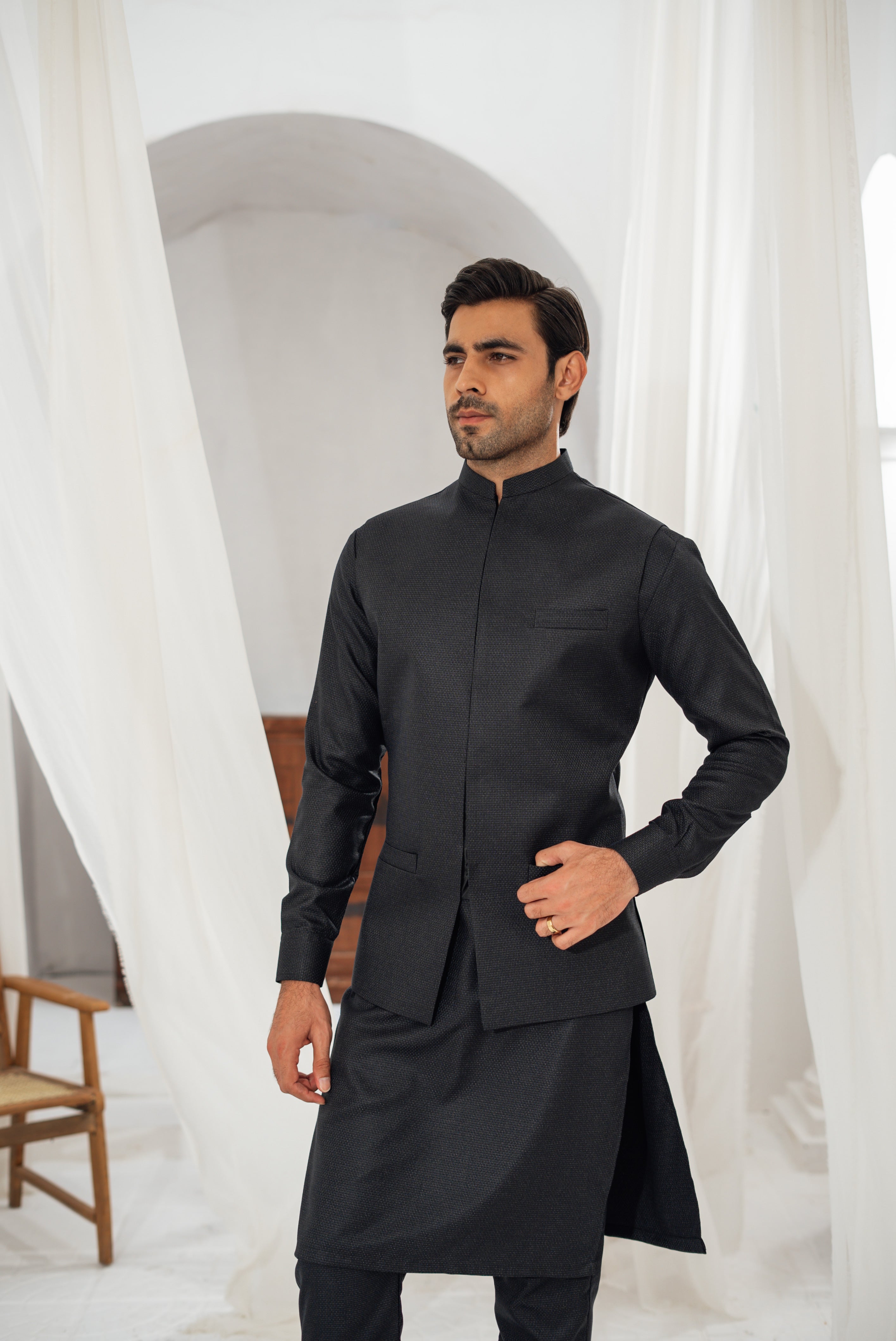 3 Piece Black Suit (Kurta Pajama & Waistcoat)