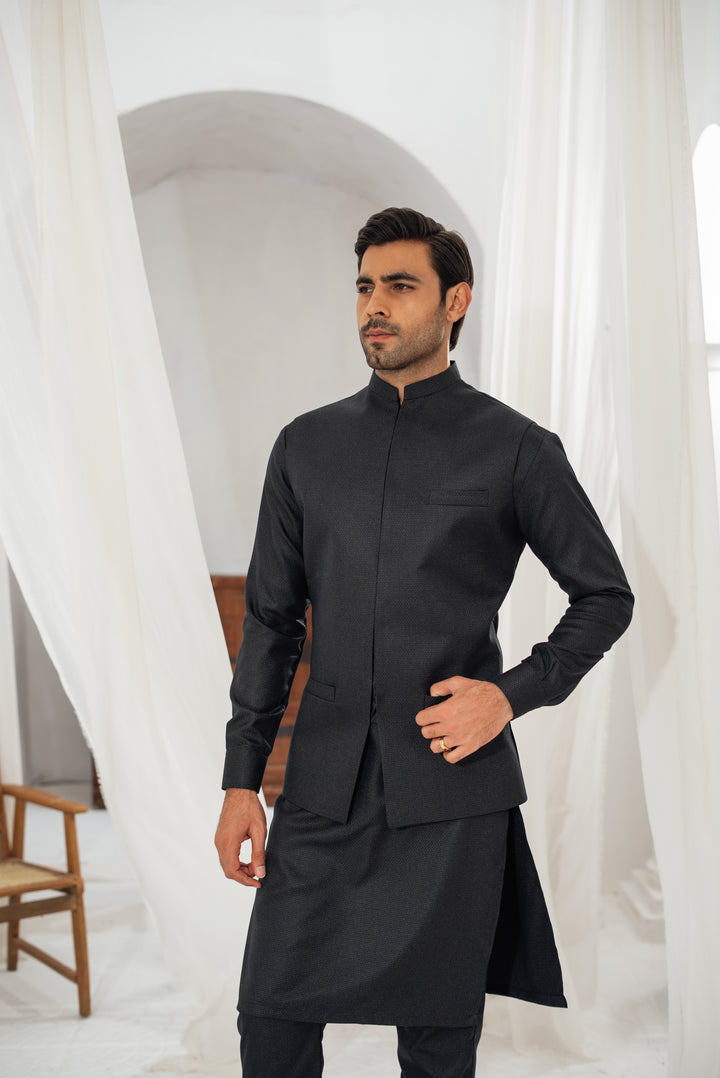 3 Piece Black Suit (Kurta Pajama &amp; Waistcoat)