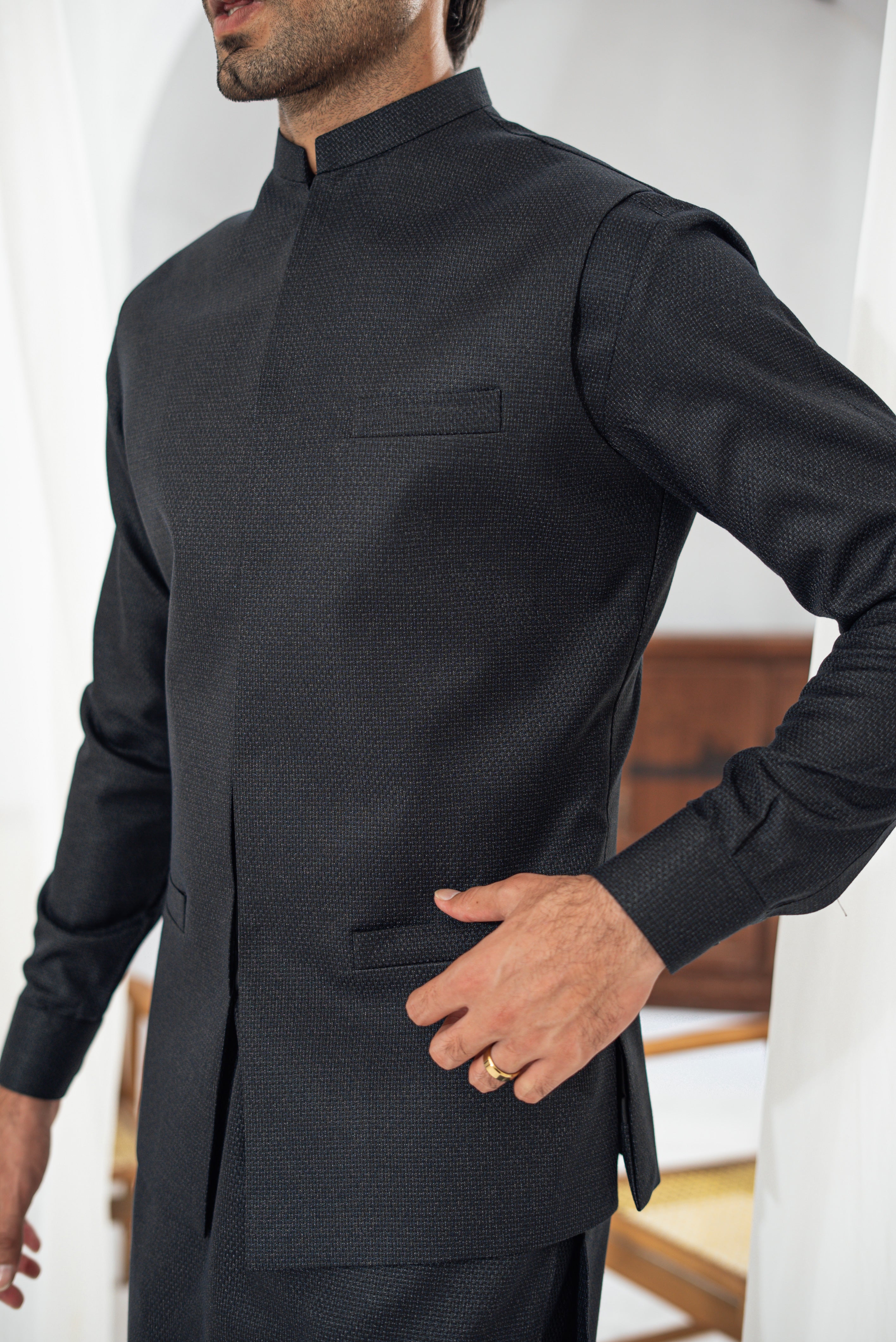 3 Piece Black Suit (Kurta Pajama & Waistcoat)