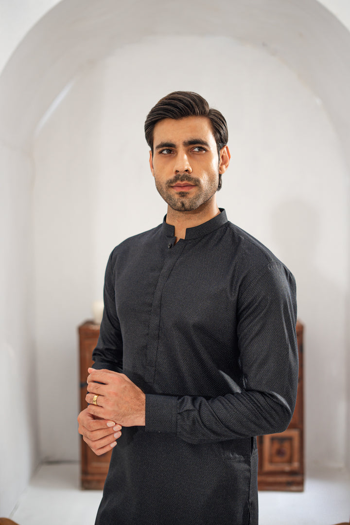 3 Piece Black Suit (Kurta Pajama &amp; Waistcoat)