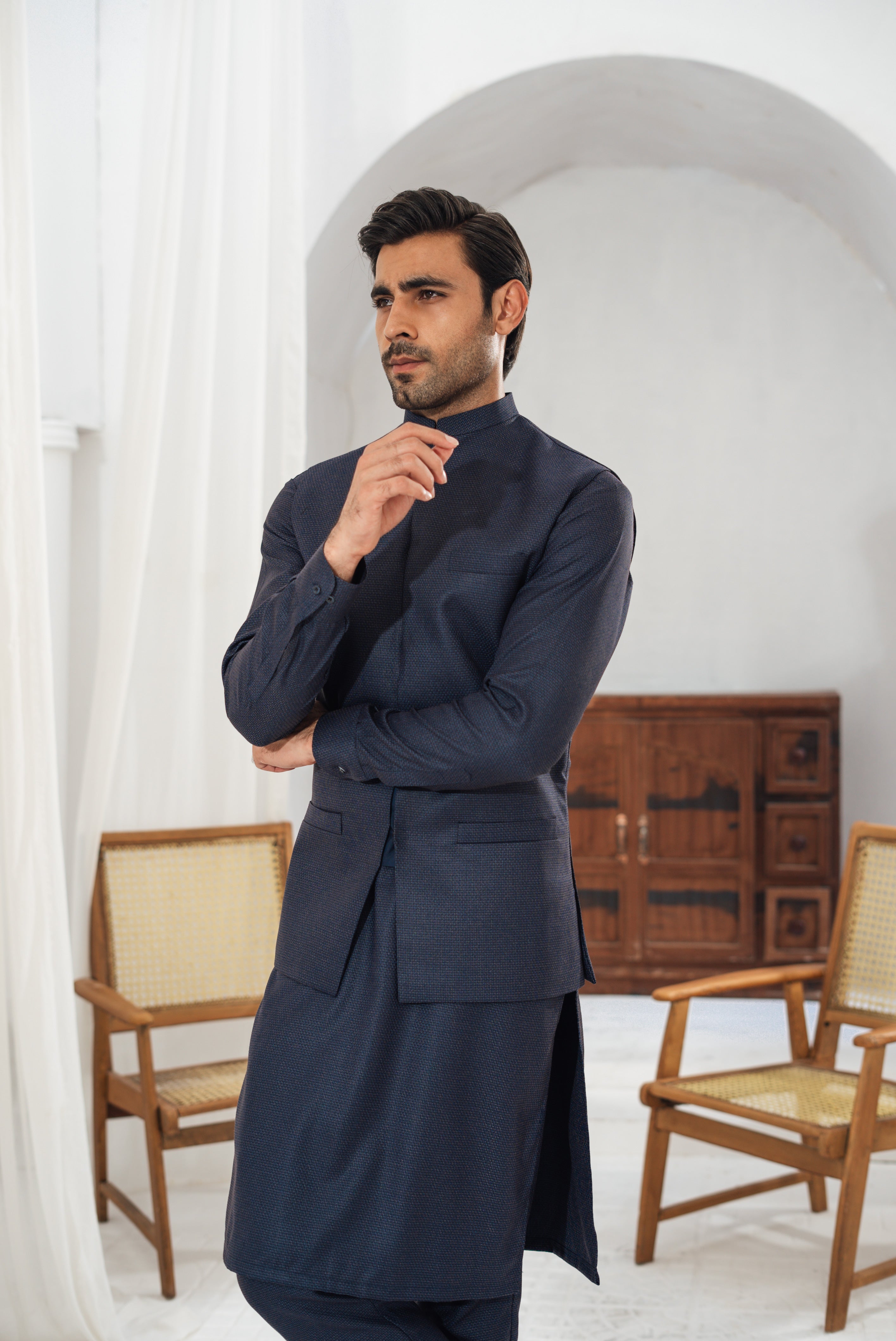 3 Piece Dark Blue Suit (Kurta Pajama & Waistcoat)