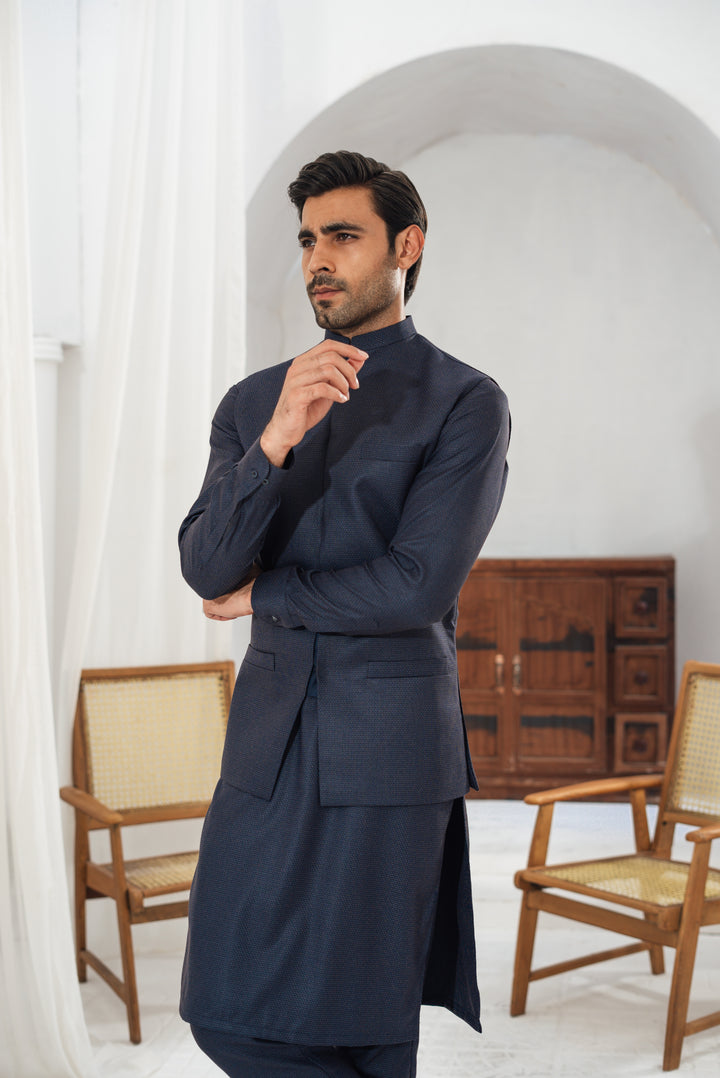 3 Piece Dark Blue Suit (Kurta Pajama &amp; Waistcoat)