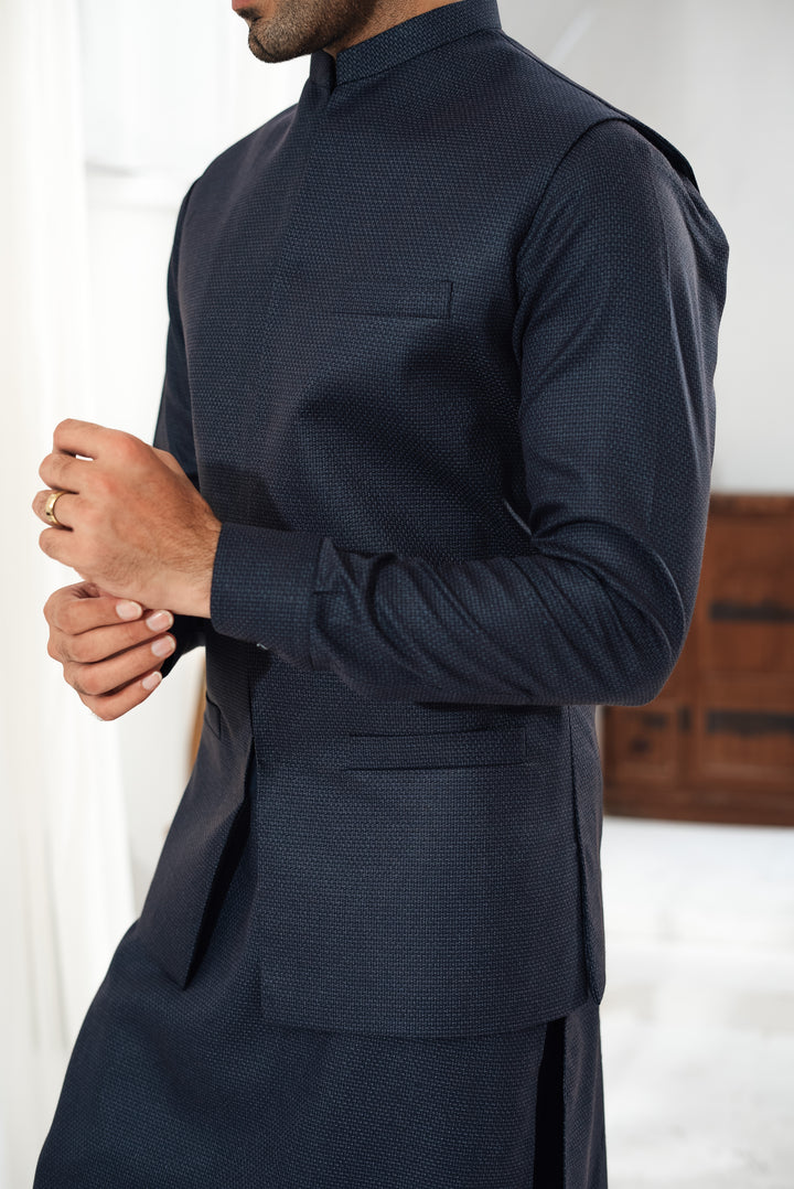 3 Piece Dark Blue Suit (Kurta Pajama &amp; Waistcoat)