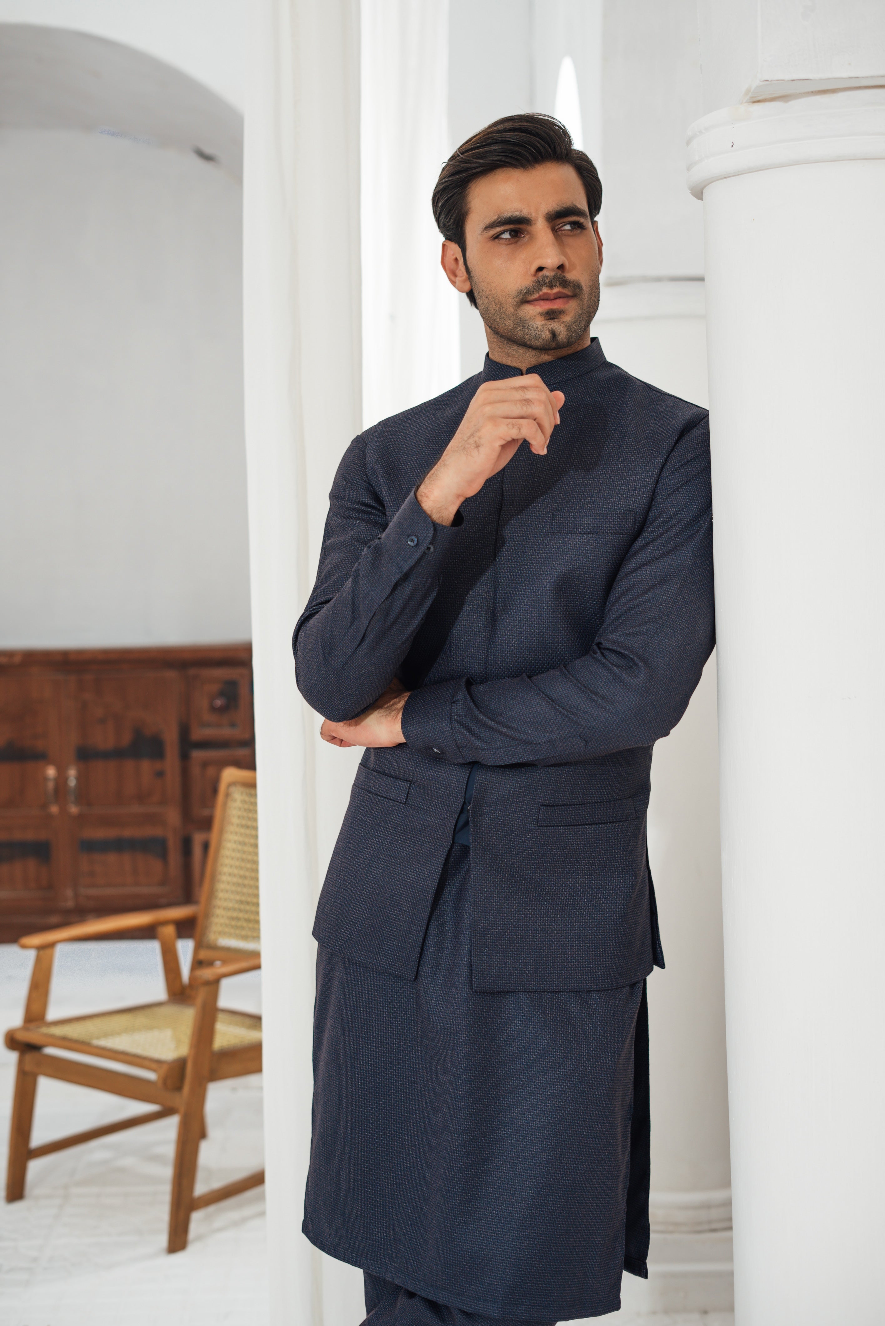 3 Piece Dark Blue Suit (Kurta Pajama & Waistcoat)