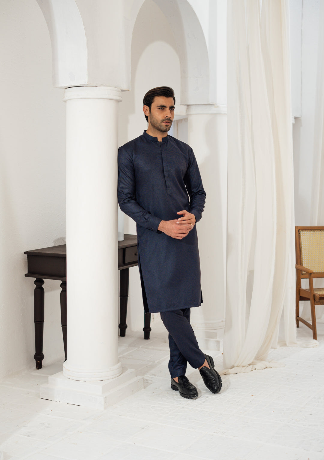 3 Piece Dark Blue Suit (Kurta Pajama & Waistcoat)