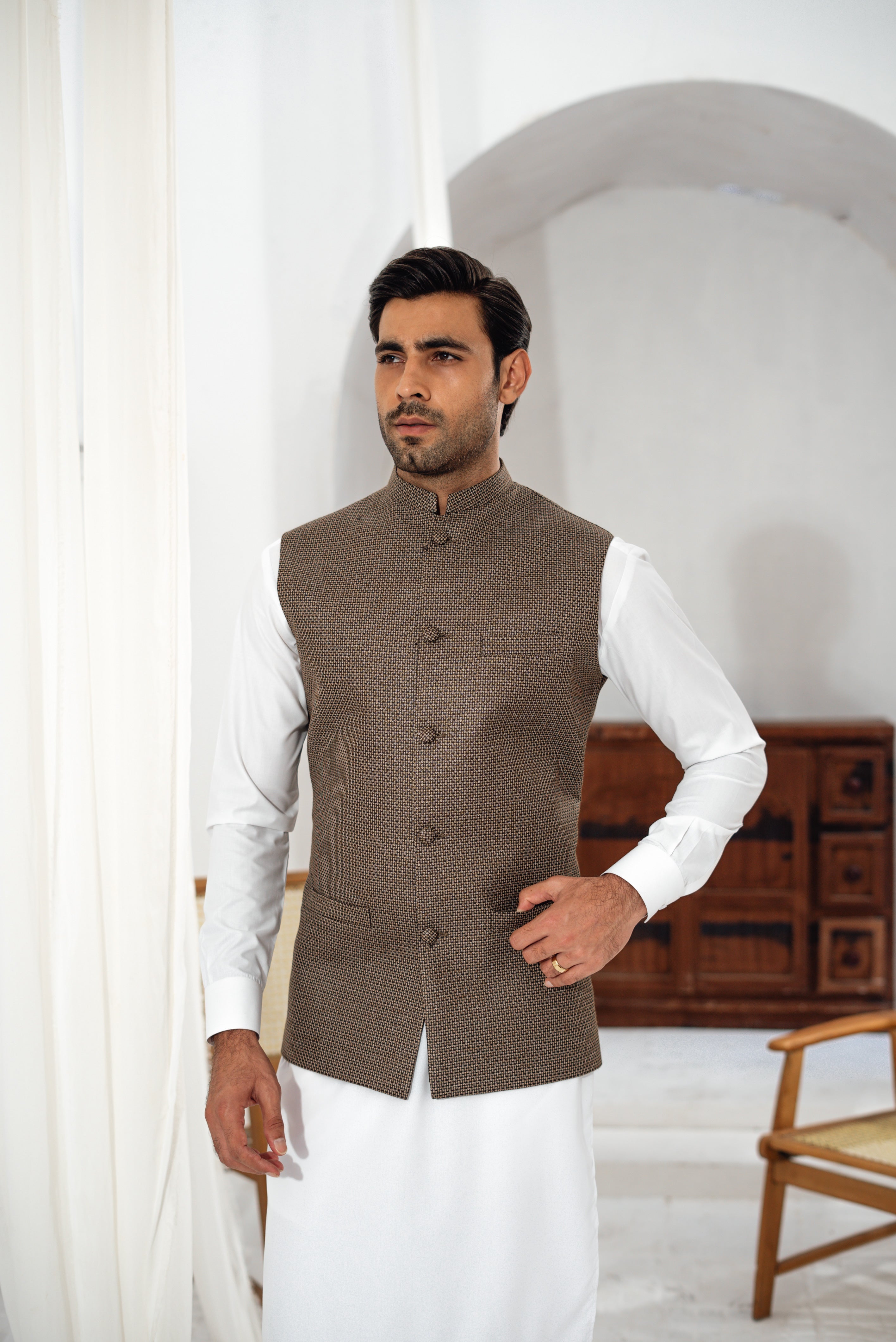 Brown Textured Waistcoat