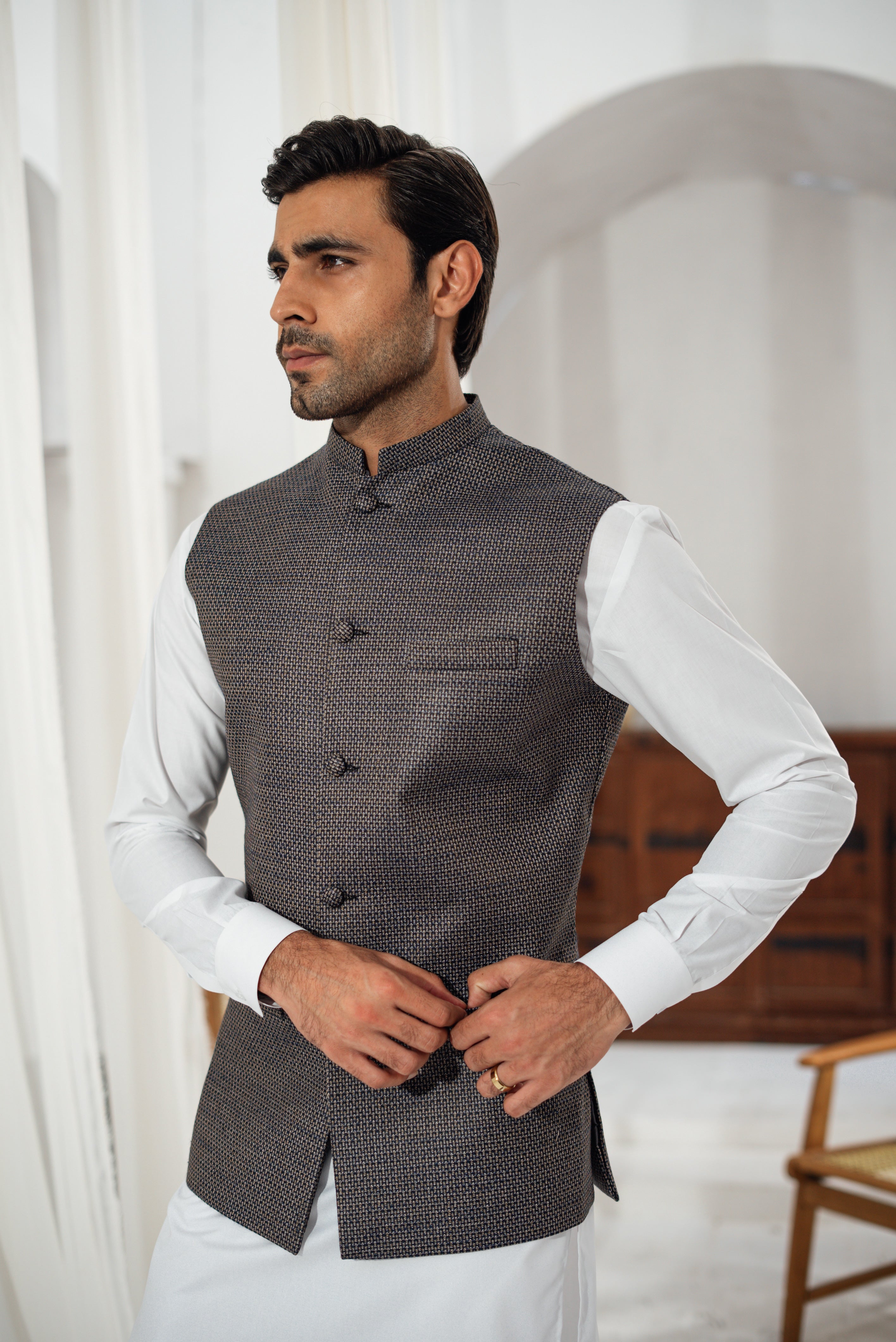 Blue Textured Waistcoat