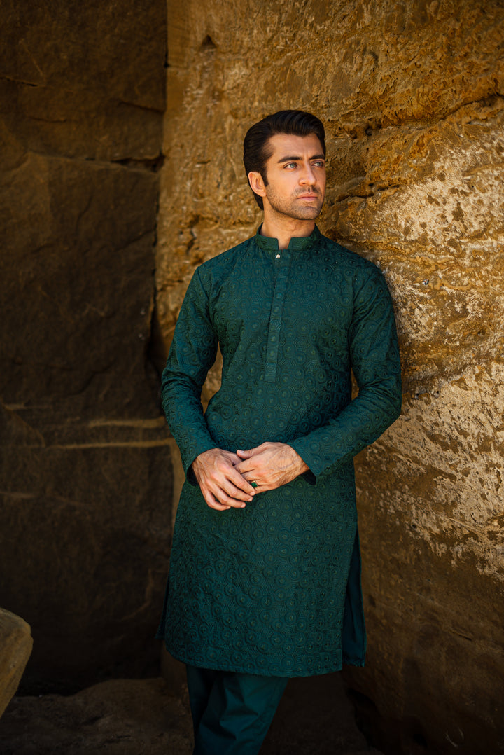 Green Embroidered Kurta &amp; Pajama