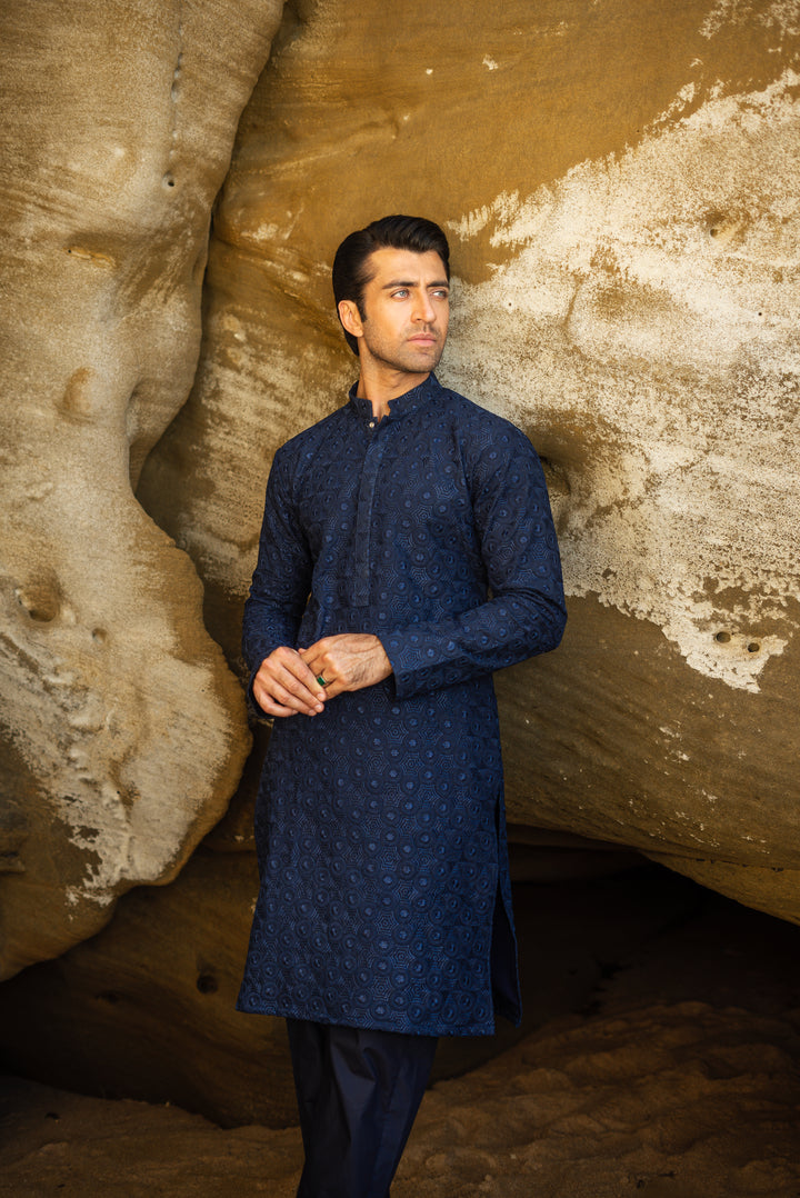 Navy Blue Embroidered Kurta &amp; Pajama