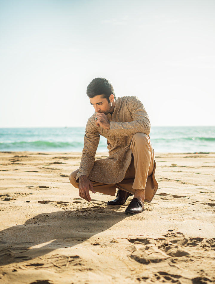 Golden Embroidered Kurta &amp; Pajama