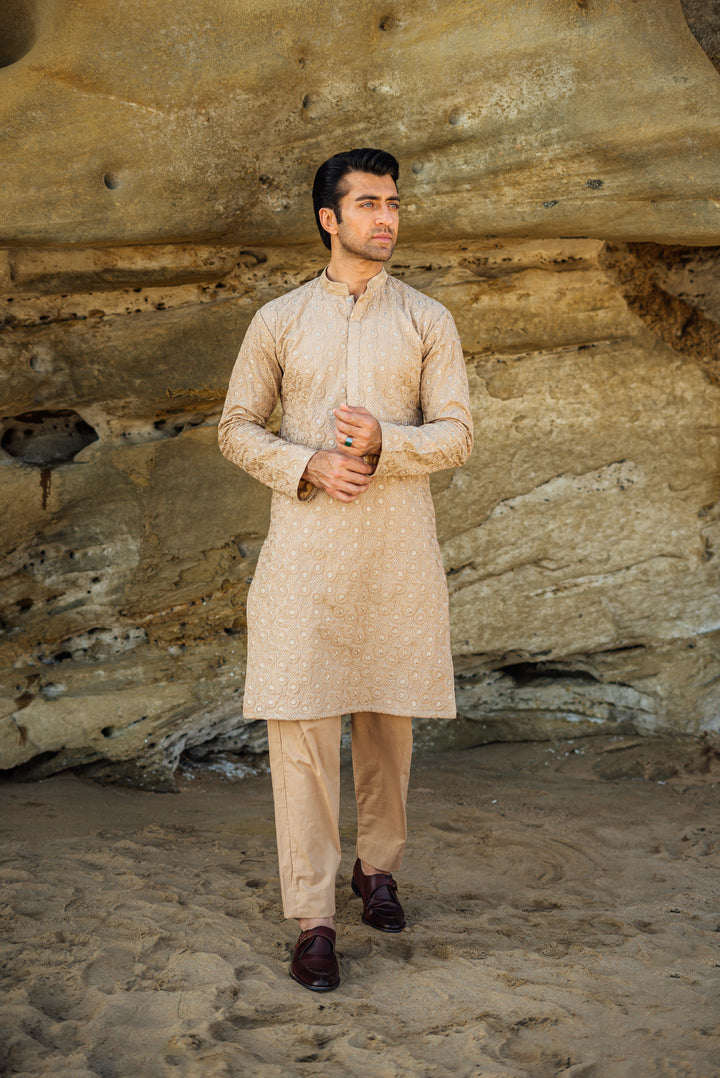 Golden Embroidered Kurta &amp; Pajama