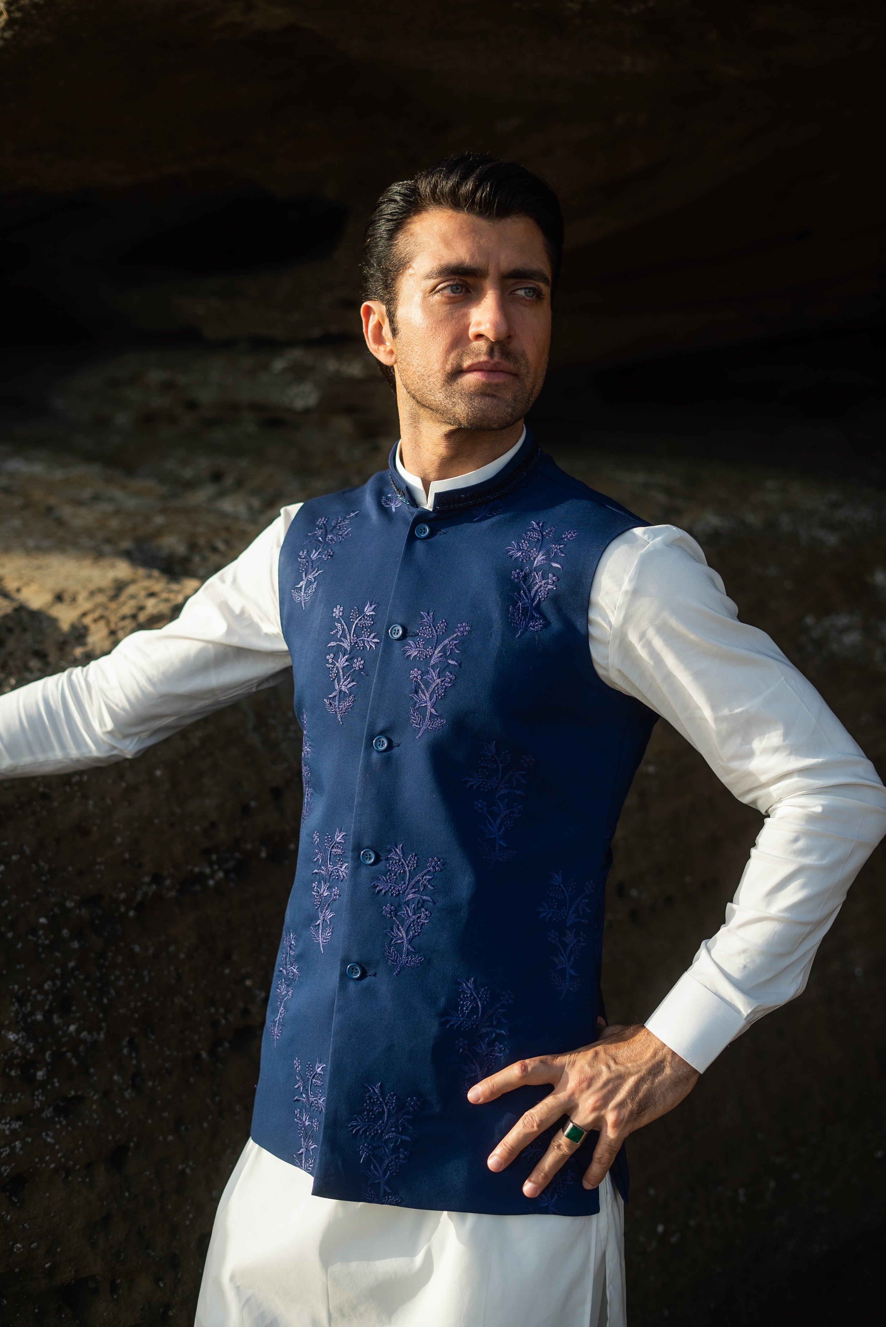 Navy Blue Embroidery Waistcoat