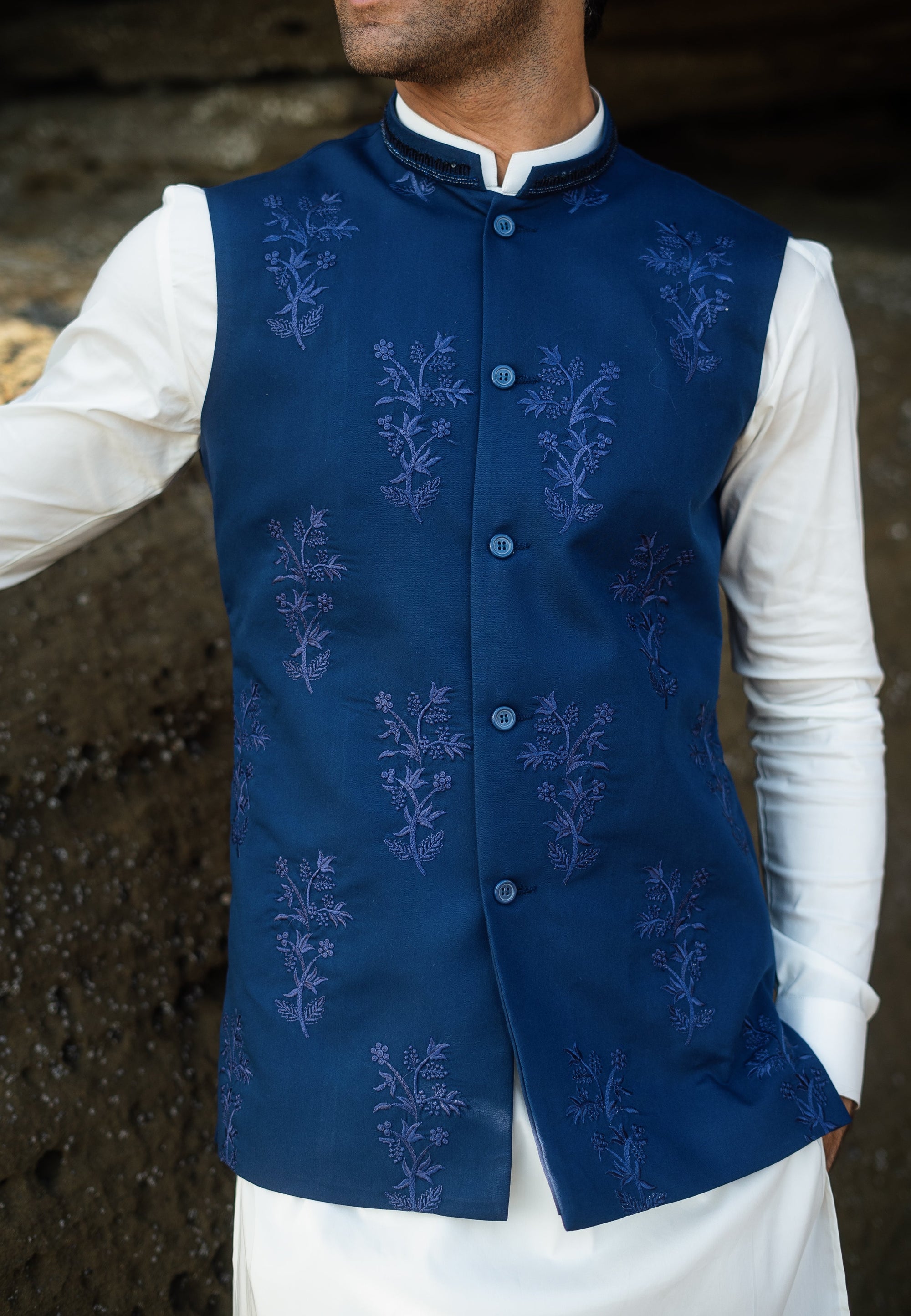 Navy Blue Embroidery Waistcoat