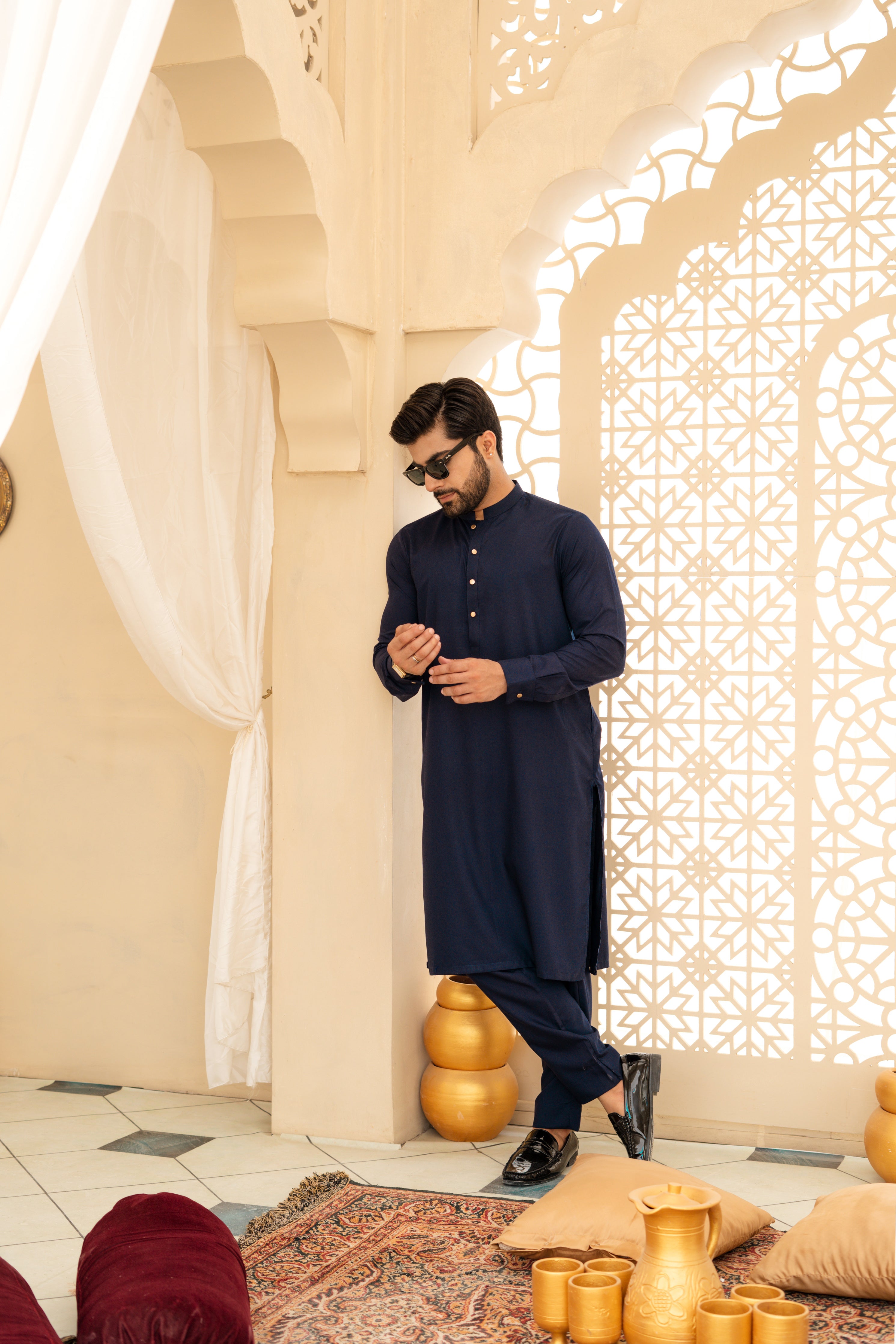 Indigo Blue Kameez Pajama with Mandarin Collar