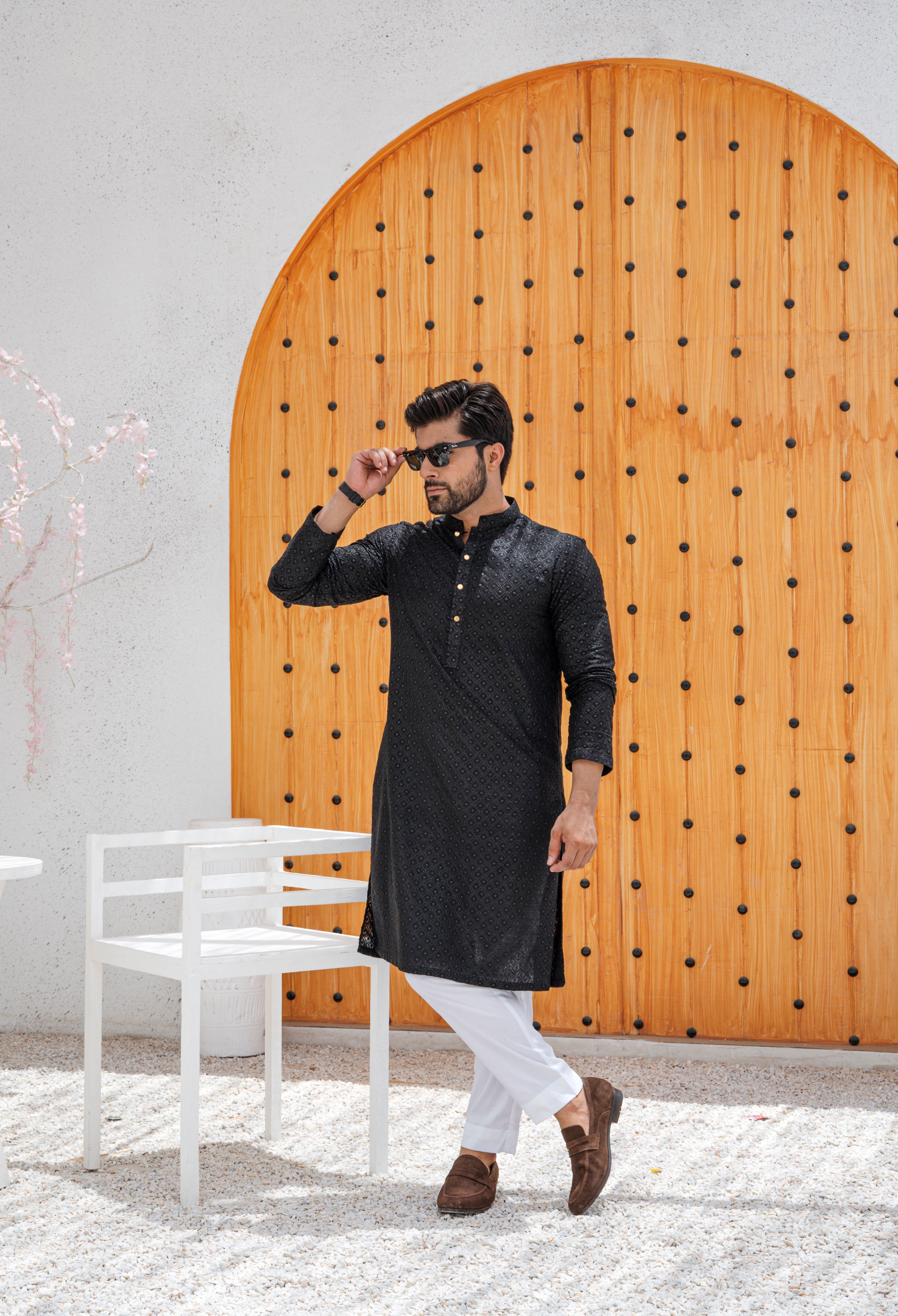 Onyx Black Self Print Embroidered Kurta