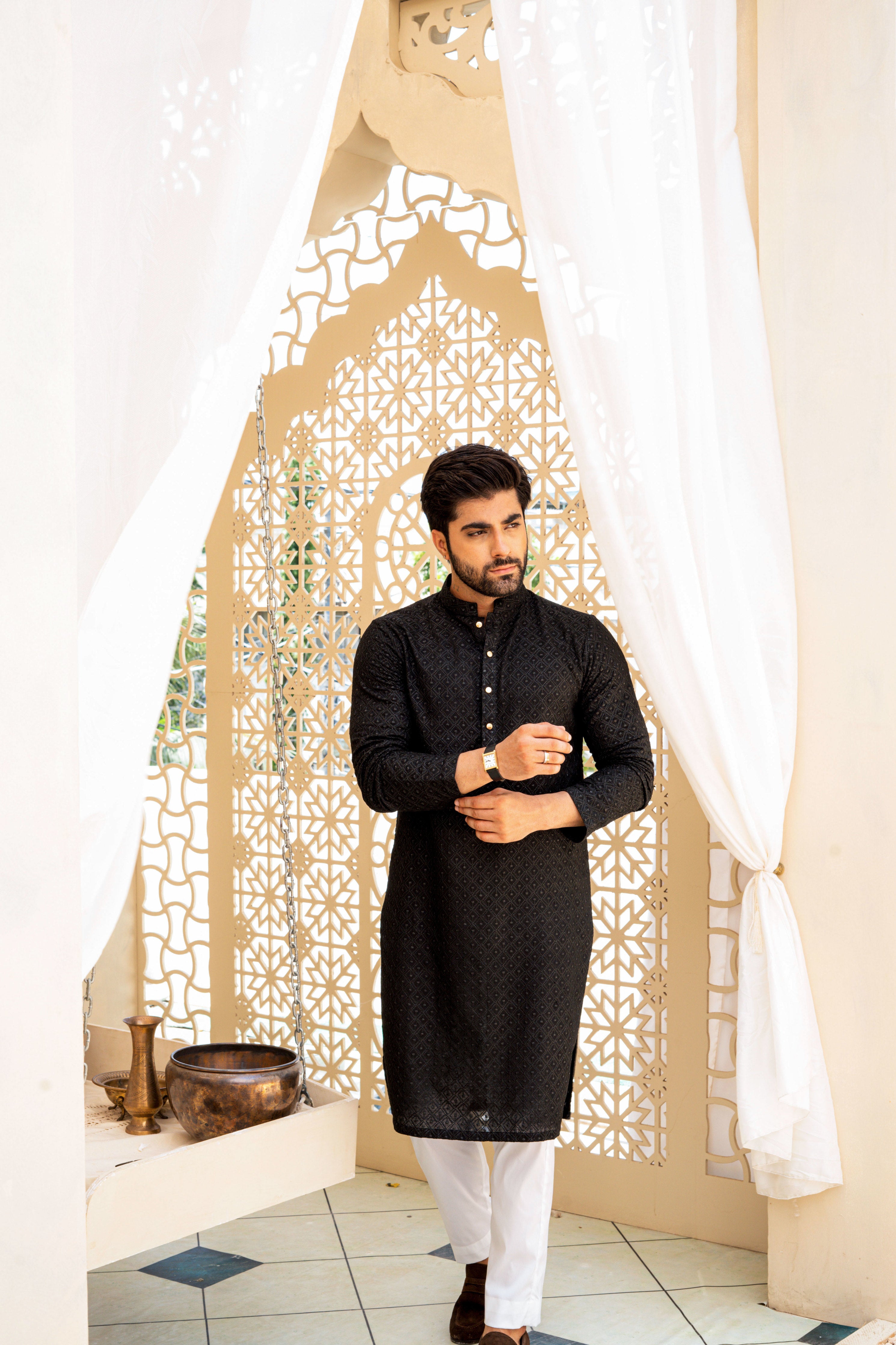 Onyx Black Self Print Embroidered Kurta