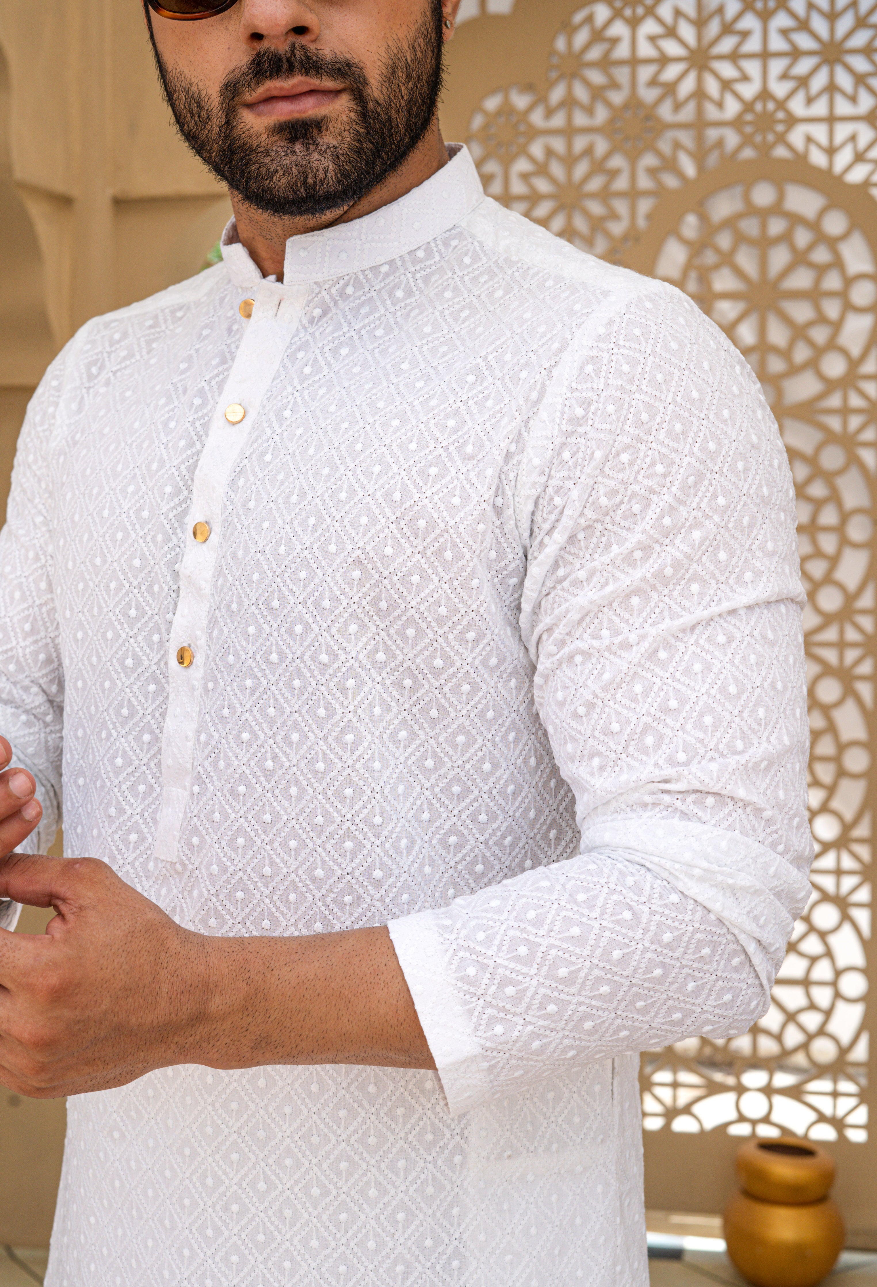 Powder White Self Print Embroidered Kurta