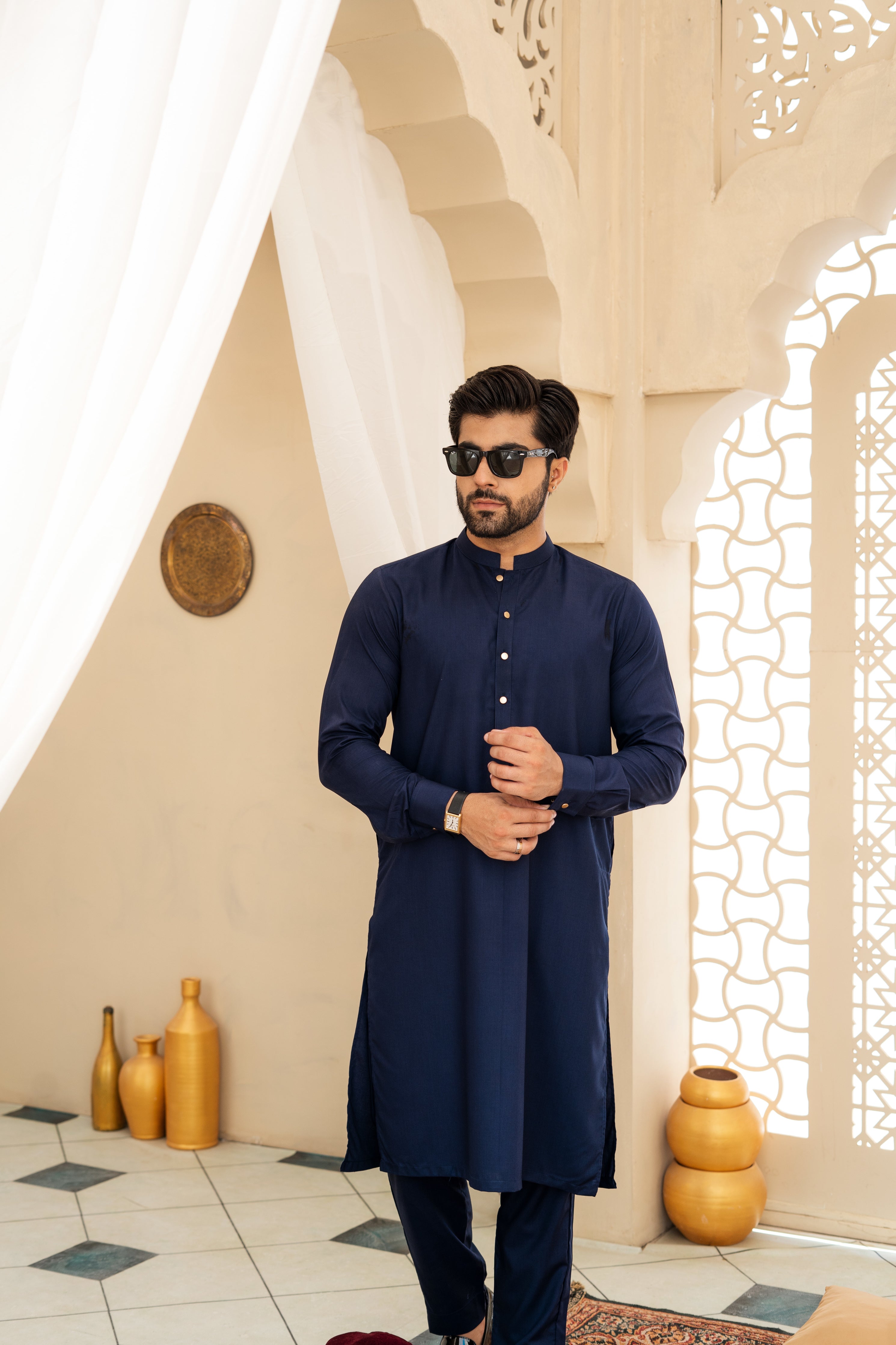 Indigo Blue Kameez Pajama with Mandarin Collar