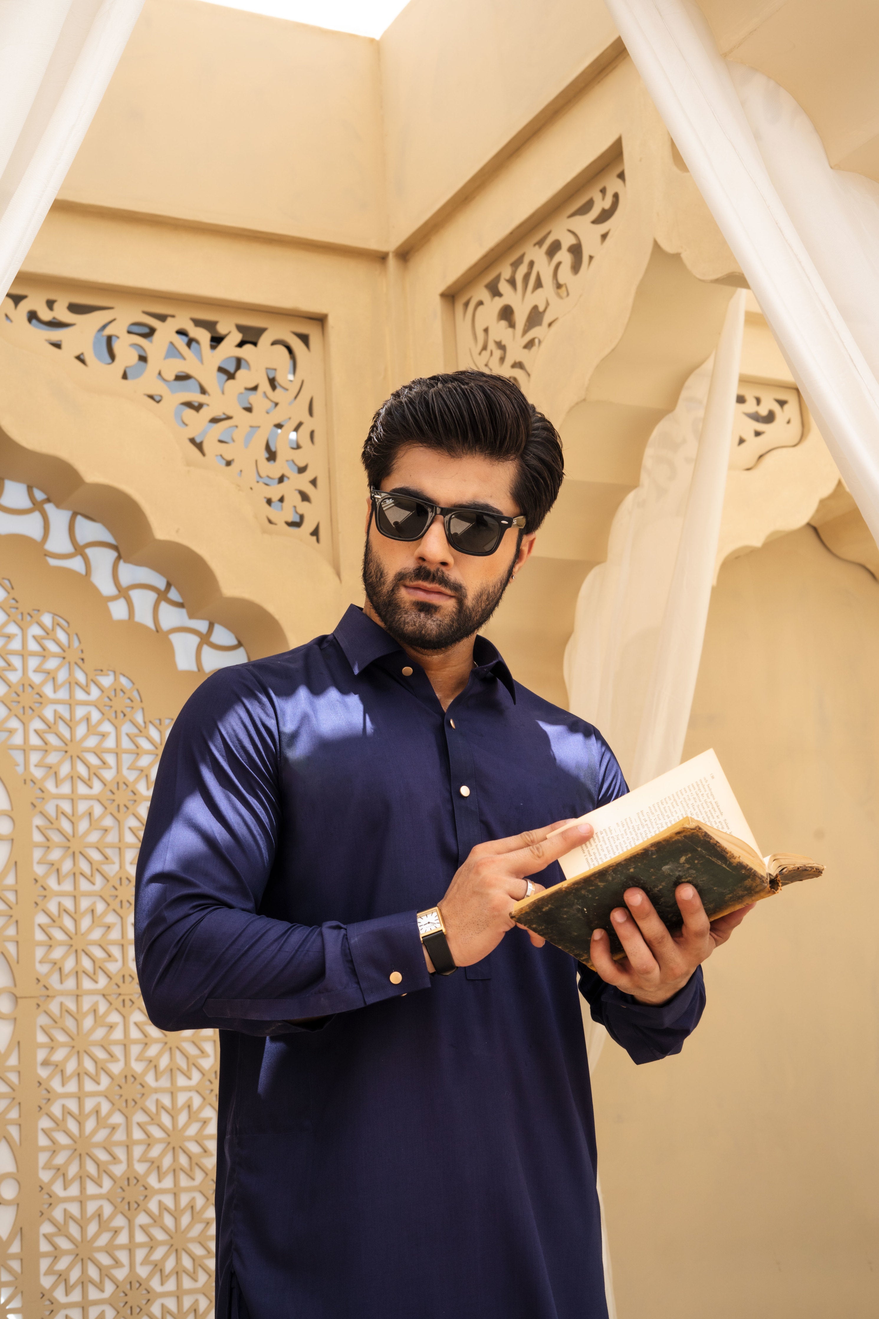 Indigo Blue Kameez Shalwar with Shirt Collar