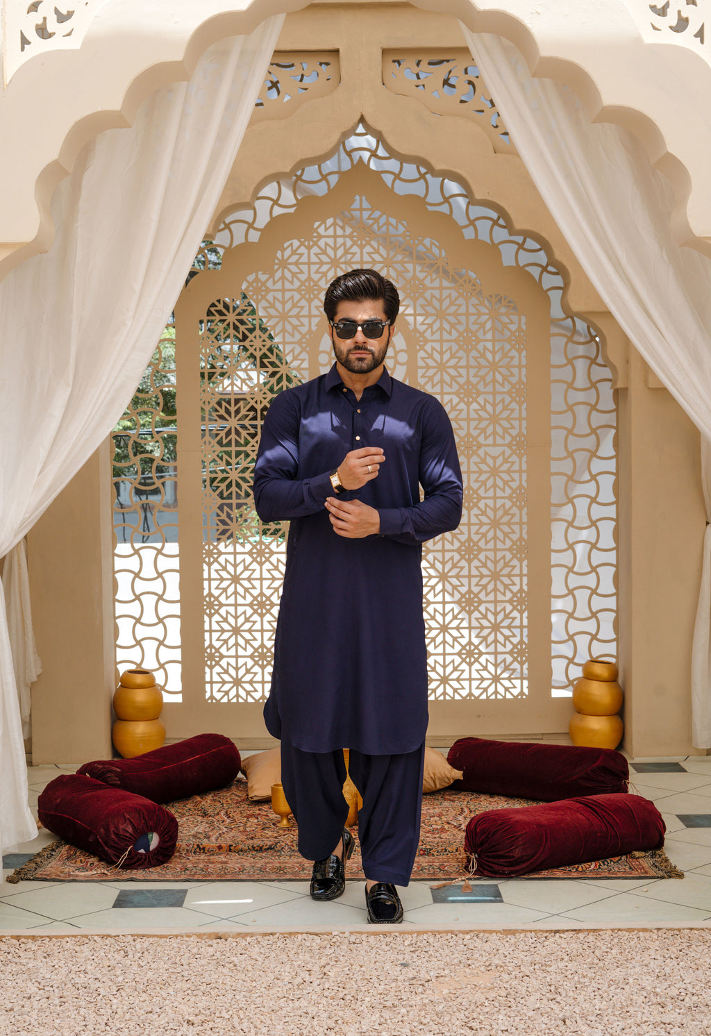 Indigo Blue Kameez Shalwar with Shirt Collar