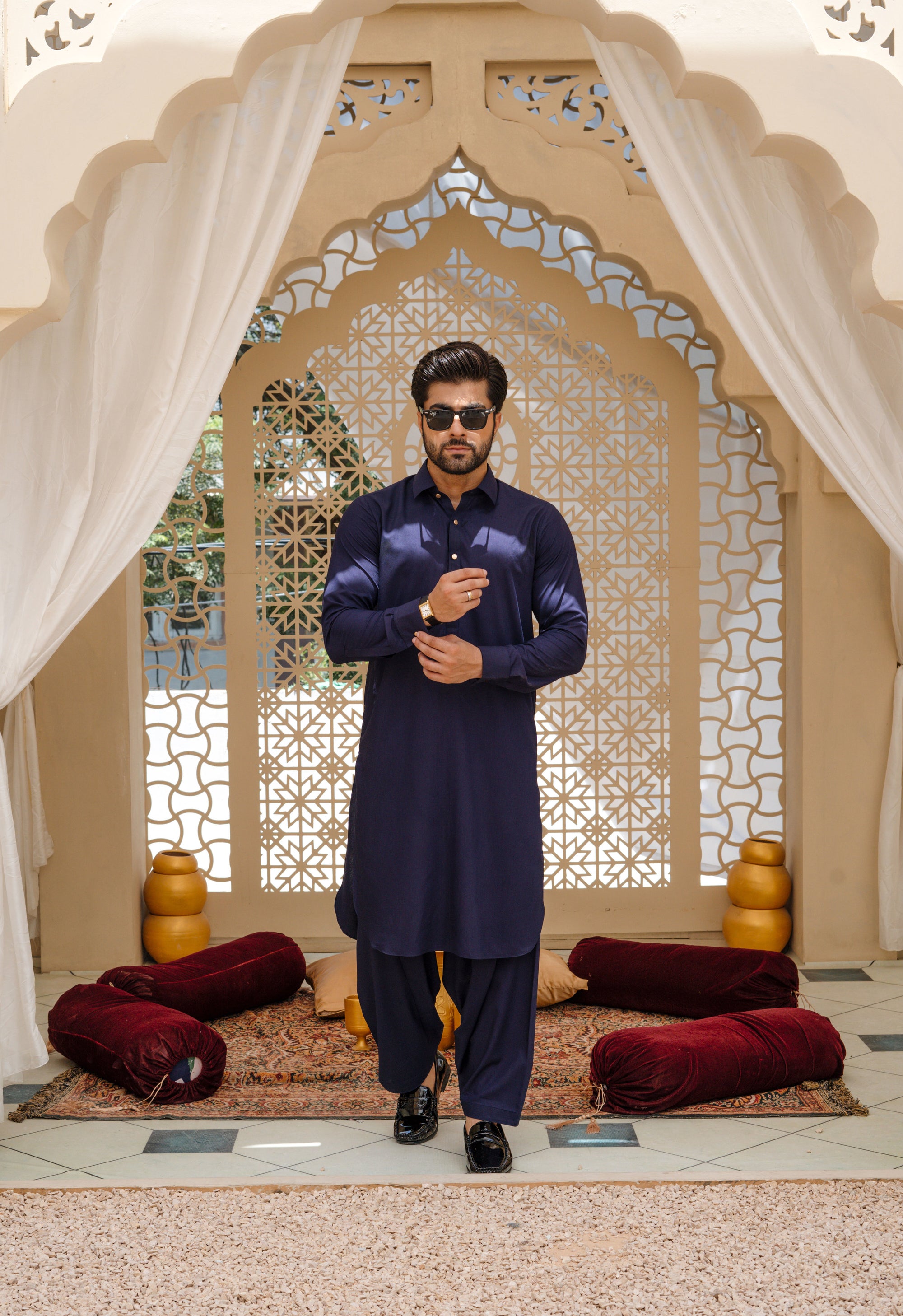 Indigo Blue Kameez Shalwar with Shirt Collar