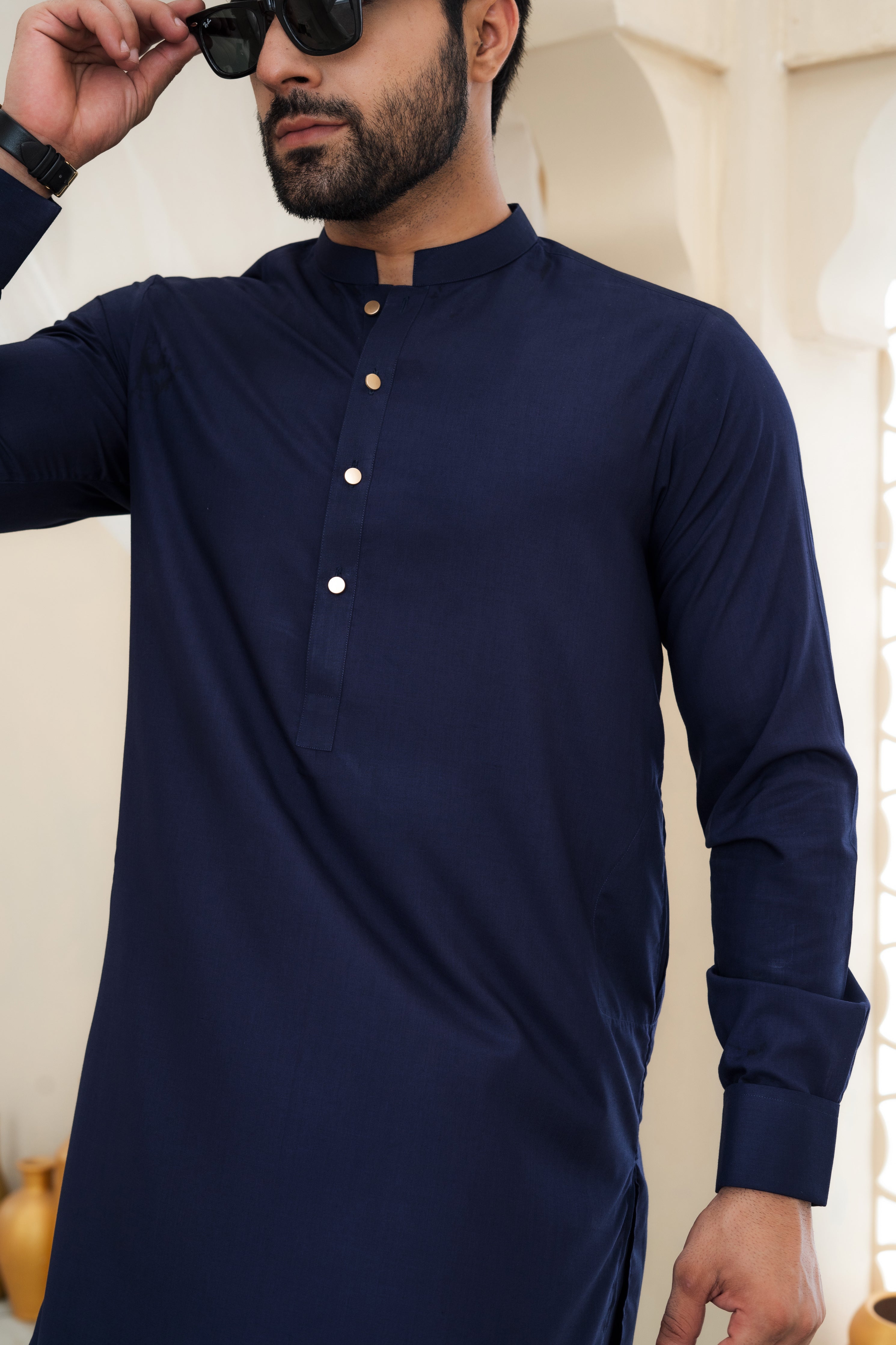 Indigo Blue Kameez Pajama with Mandarin Collar