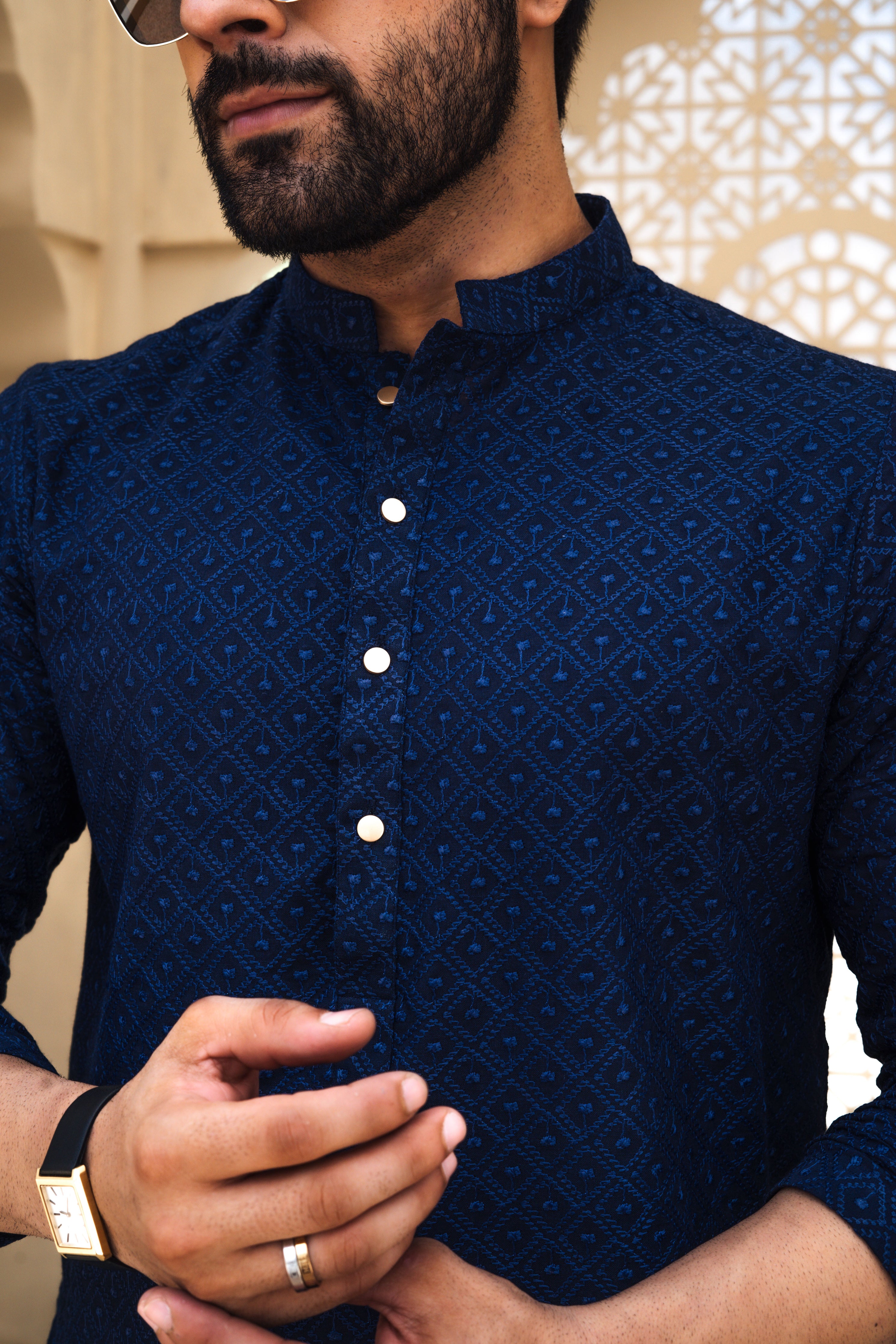 Navy Blue Self Print Embroidered Kurta