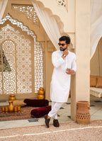 Powder White Self Print Embroidered Kurta