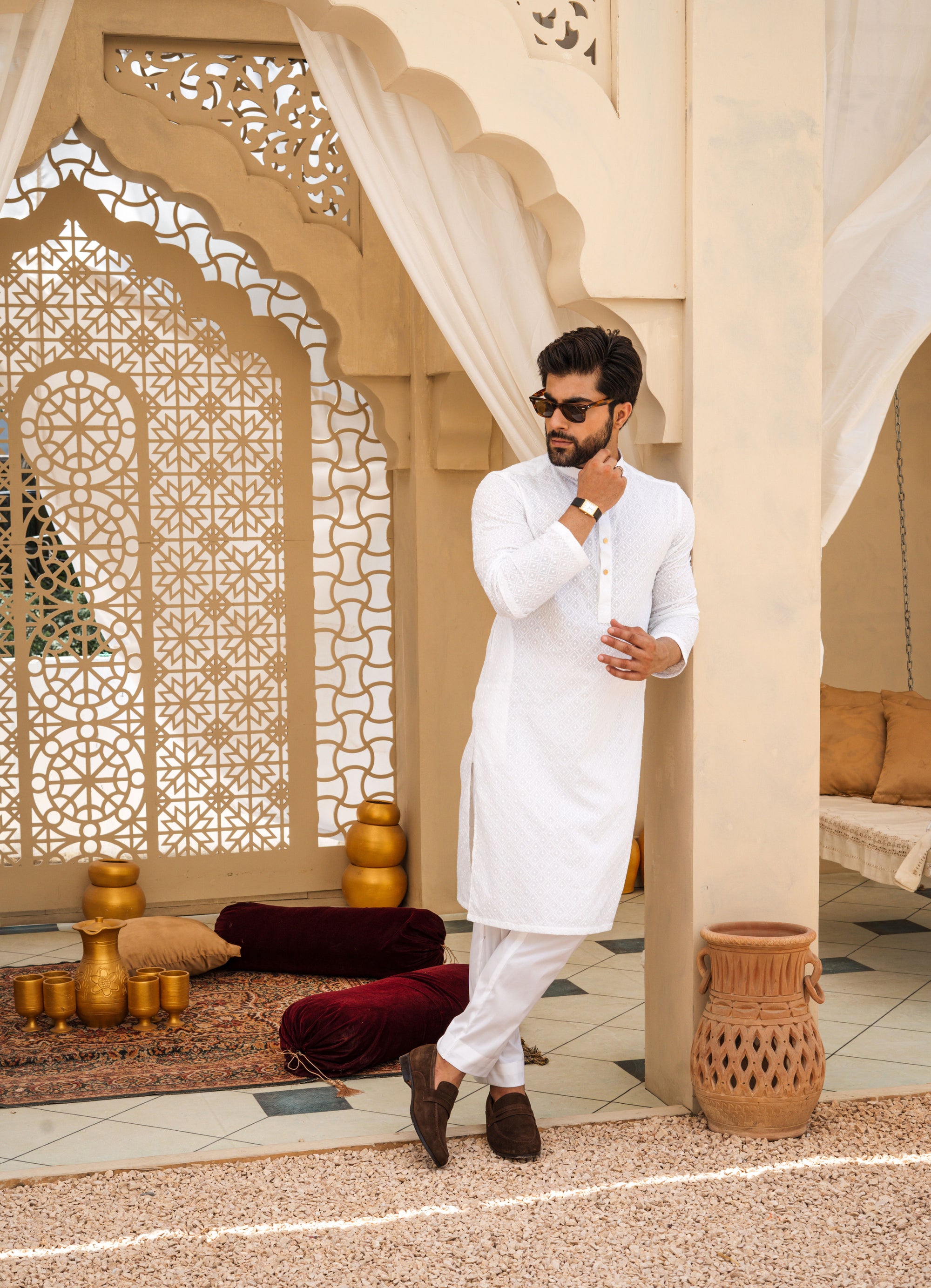 Powder White Self Print Embroidered Kurta