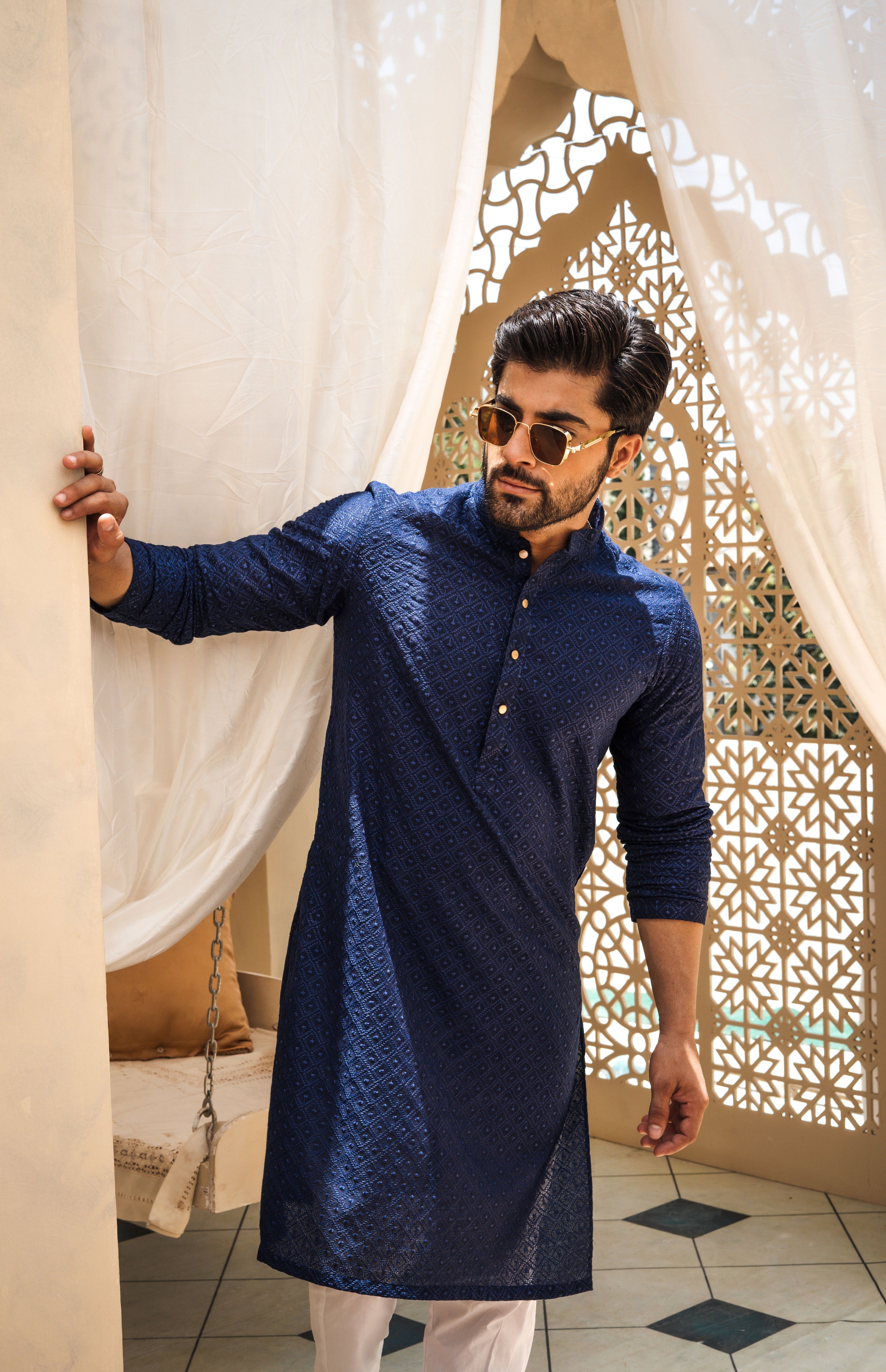 Navy Blue Self Print Embroidered Kurta