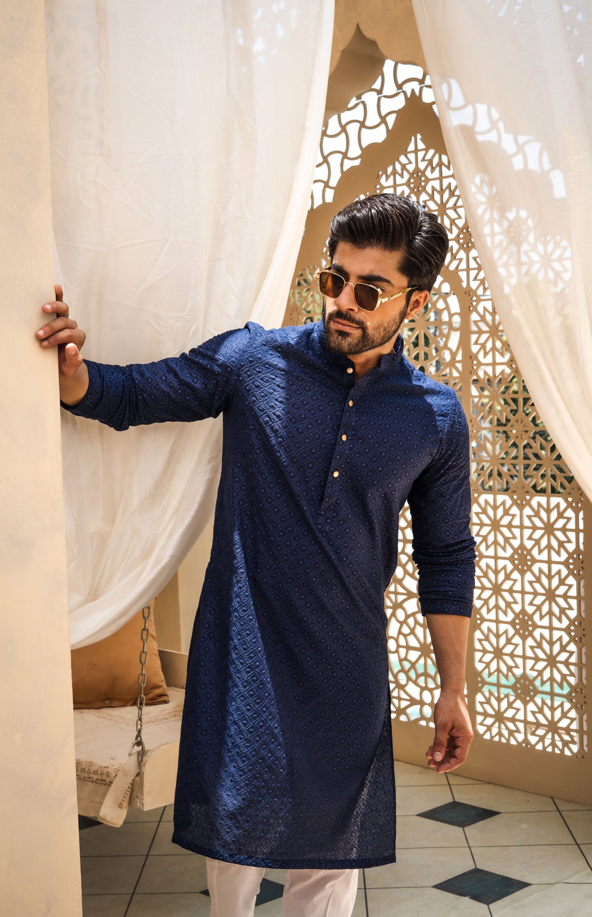 Navy Blue Self Print Embroidered Kurta