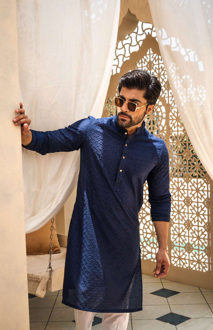 Navy Blue Self Print Embroidered Kurta