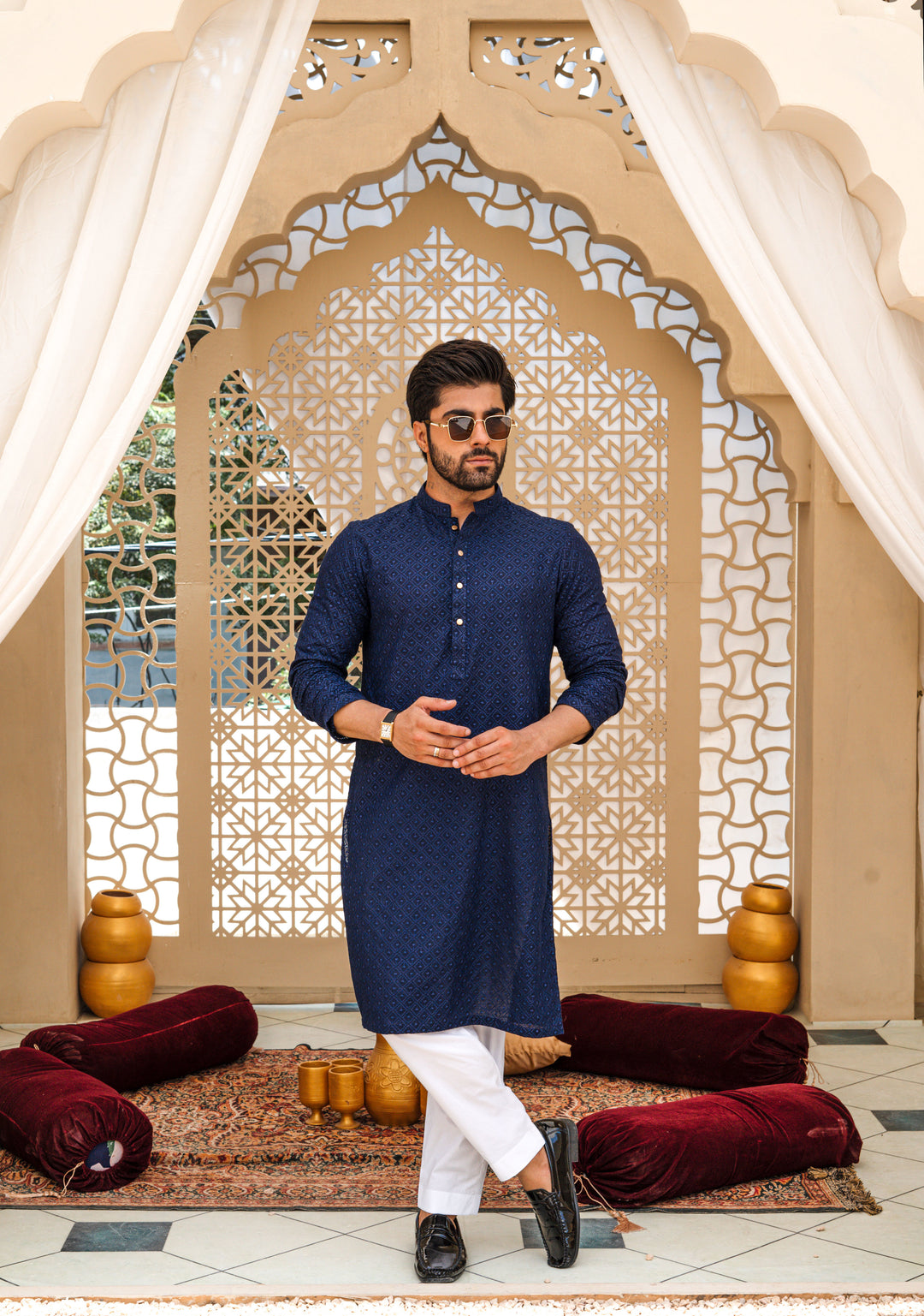 Navy Blue Self Print Embroidered Kurta