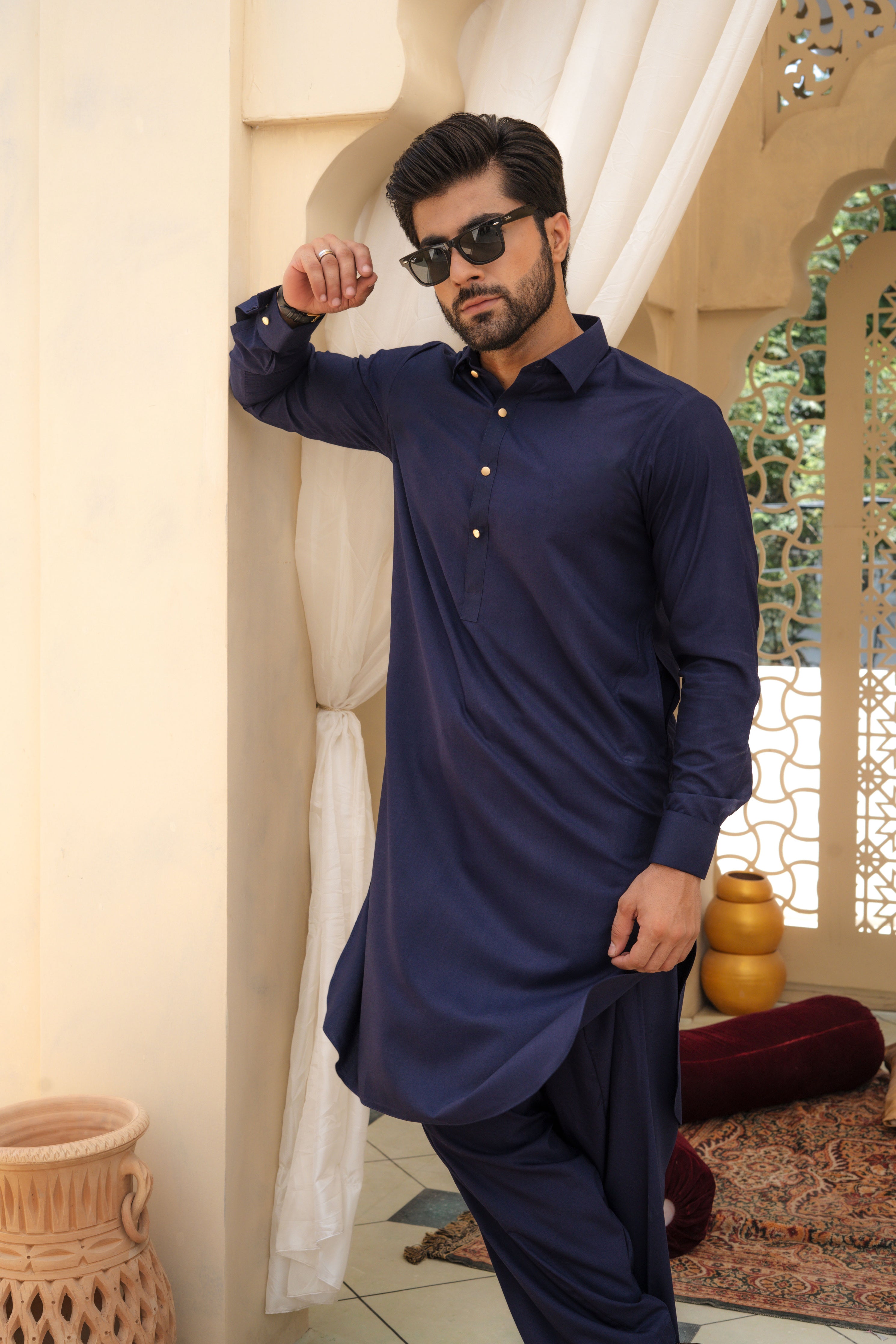 Indigo Blue Kameez Shalwar with Shirt Collar