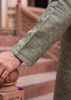 Olive Geometric Heritage Kurta Pajama