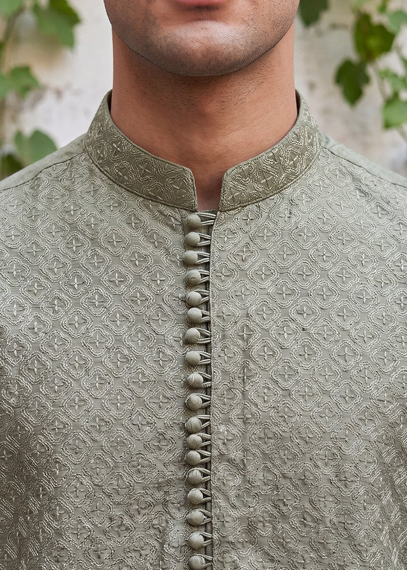 Olive Geometric Heritage Kurta Pajama