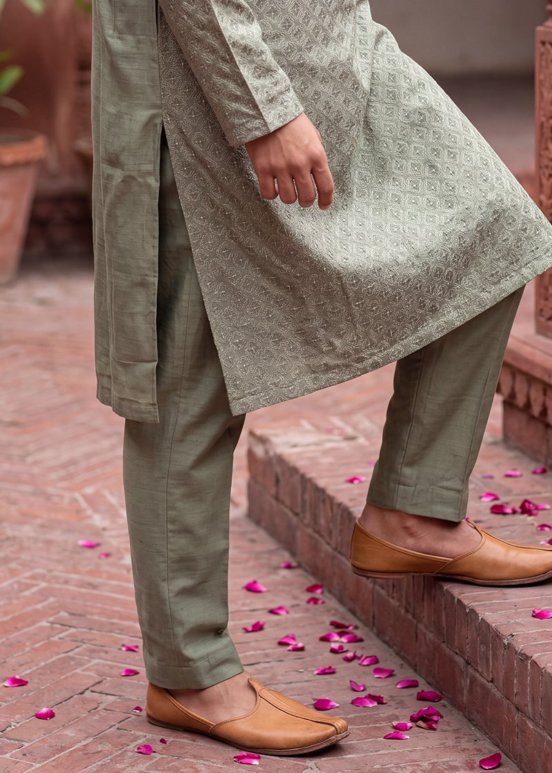 Olive Geometric Heritage Kurta Pajama