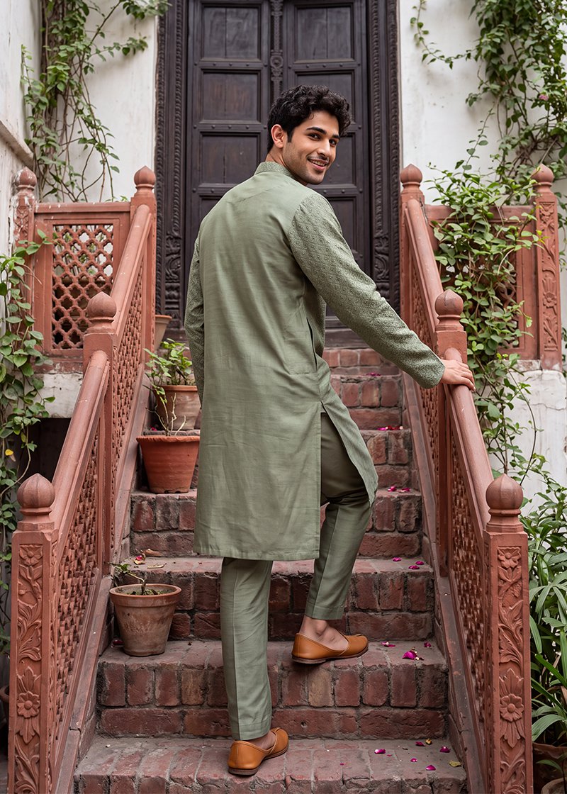 Olive Geometric Heritage Kurta Pajama