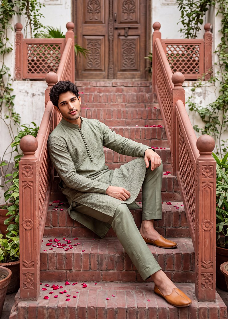Olive Geometric Heritage Kurta Pajama